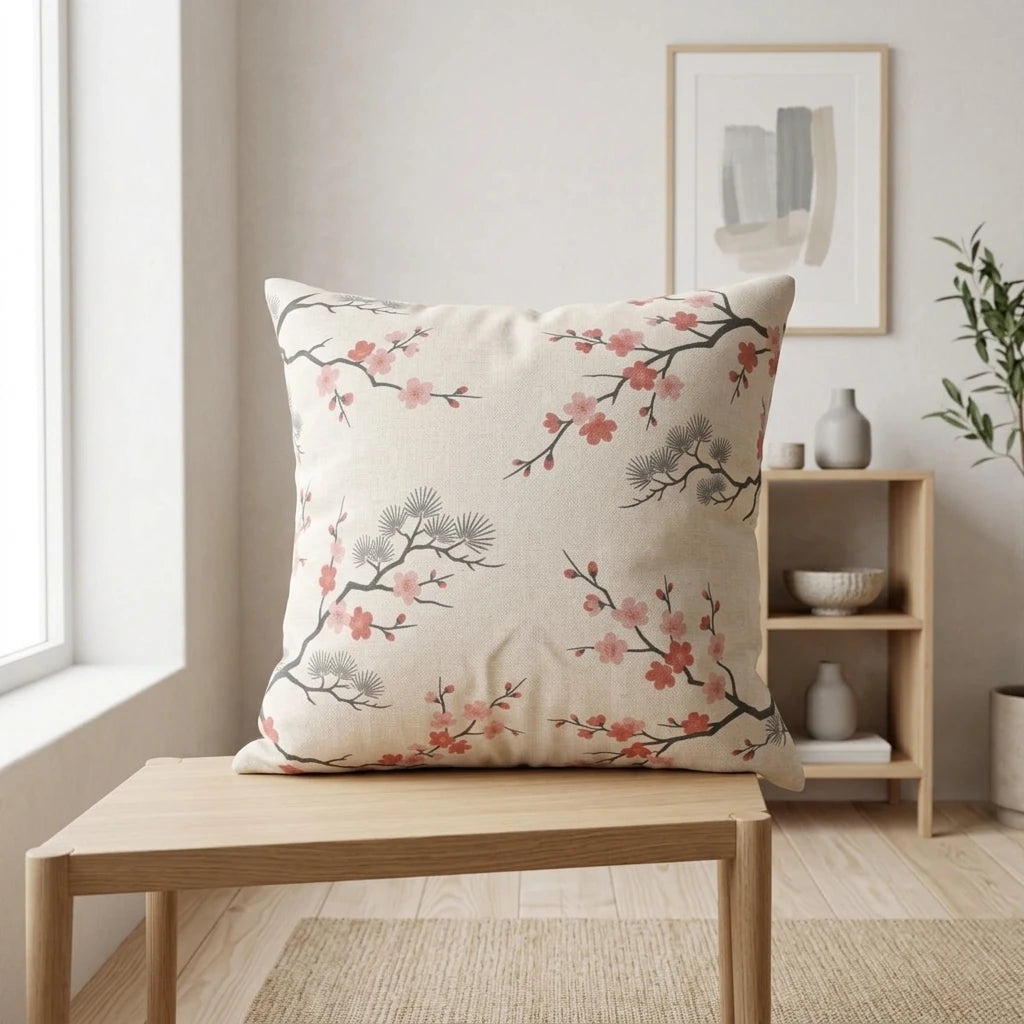 Throw pillow with a cherry blossom pattern on a wooden stool in a minimalist room featuring neutral colors and light wood furniture.