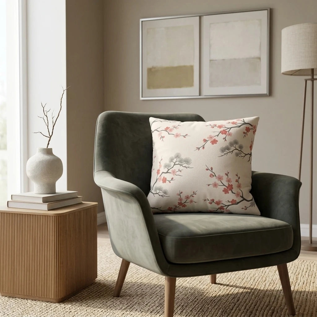 Floral cherry blossom cushion on a green velvet armchair in a modern living room setting with a fluted side table and neutral wall art.