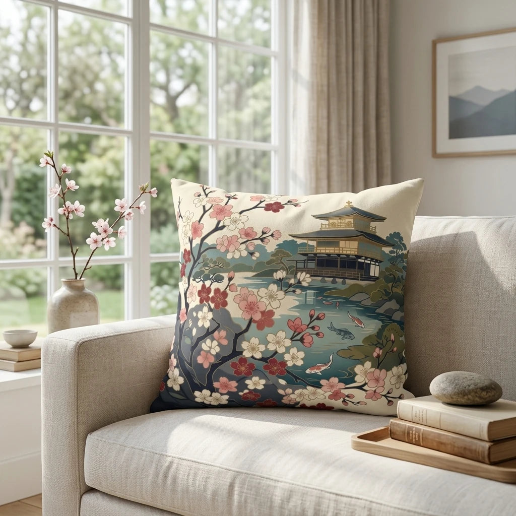 Decorative throw pillow featuring a Japanese cherry blossom and pagoda design on a cream sofa in a bright living room.