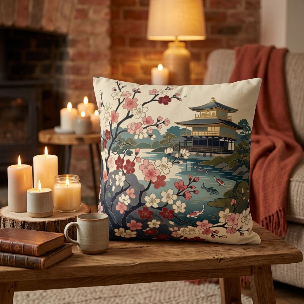 Decorative throw pillow with a Japanese pagoda and cherry blossom design on a rustic table with lit candles in a cozy lifestyle setting.