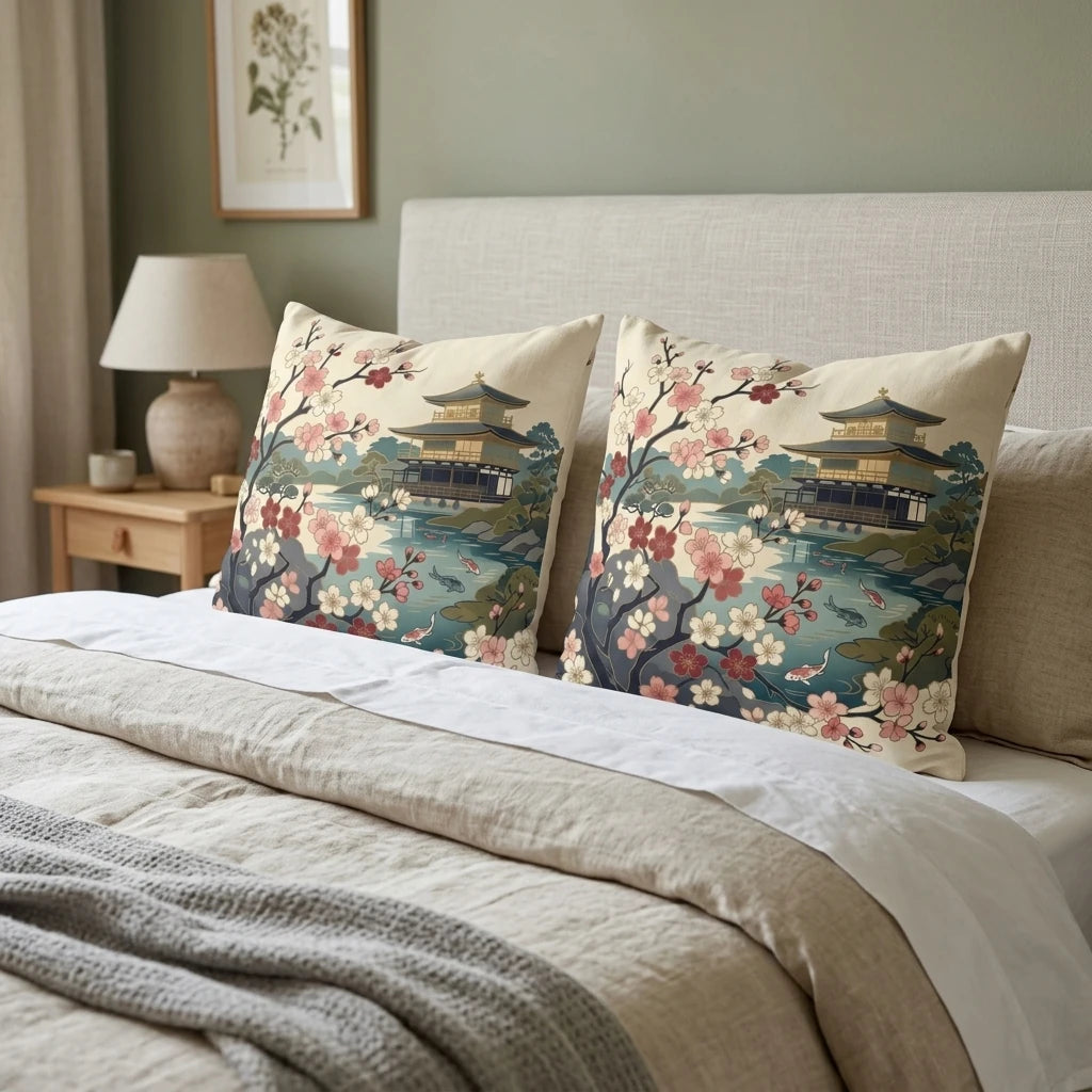 Two Japanese art cushions with cherry blossom and pagoda patterns on a cozy bed with neutral bedding and sage green walls.