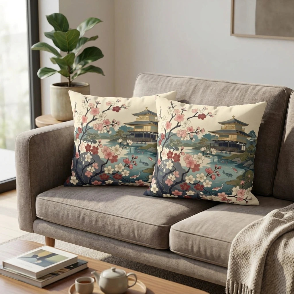 Two Japanese art cushions featuring cherry blossoms and a golden temple on a modern grey sofa in a bright, minimalist living room scene.