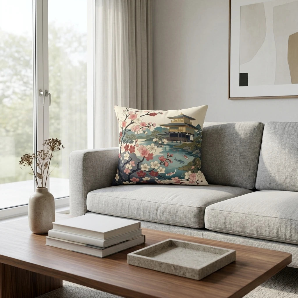 Decorative cushion with a Japanese pagoda and cherry blossom design on a gray sofa in a modern living room lifestyle setting.
