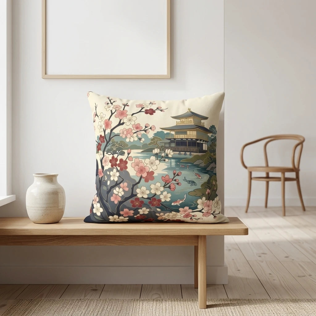 Japanese cherry blossom pillow with a golden temple design on a wooden bench in a minimalist room with a white vase and wood floor.