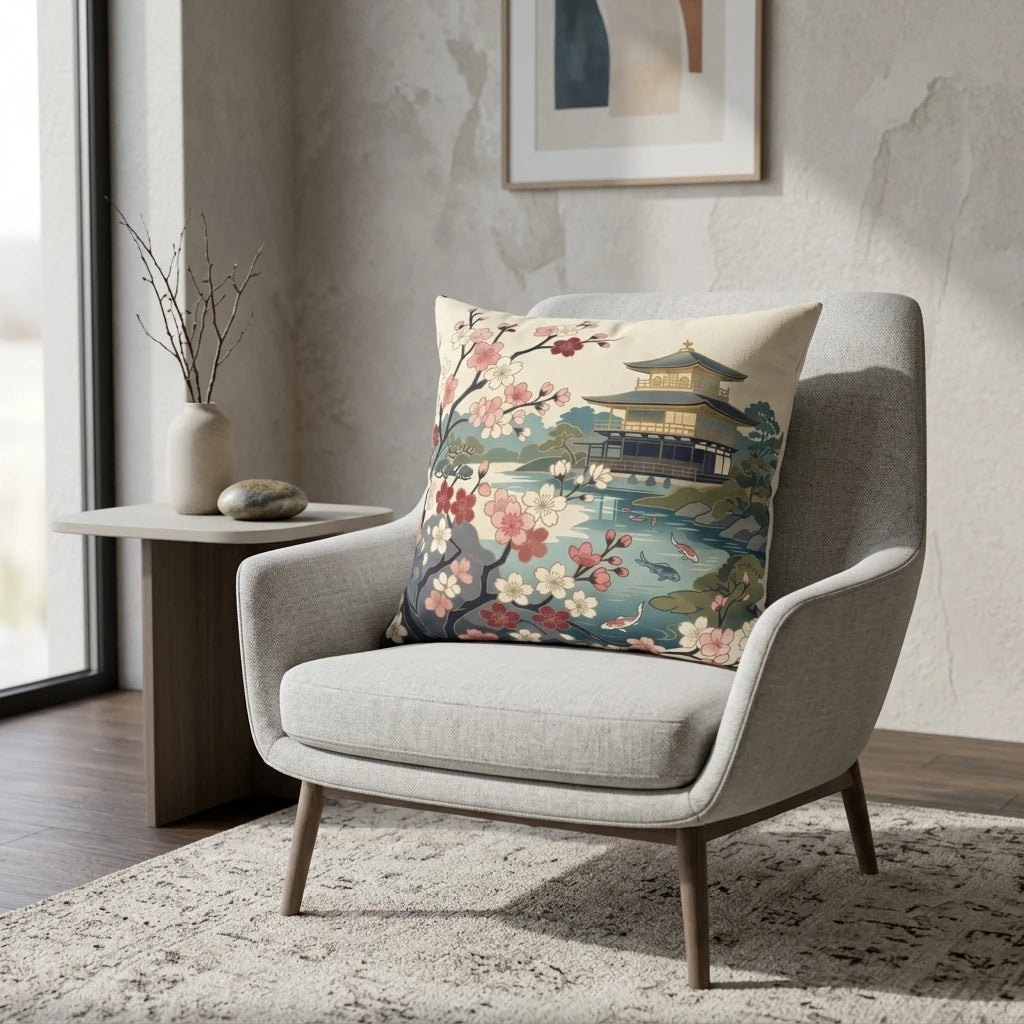 Decorative throw pillow with a Japanese cherry blossom and temple pattern on a grey armchair in a bright, modern interior setting.