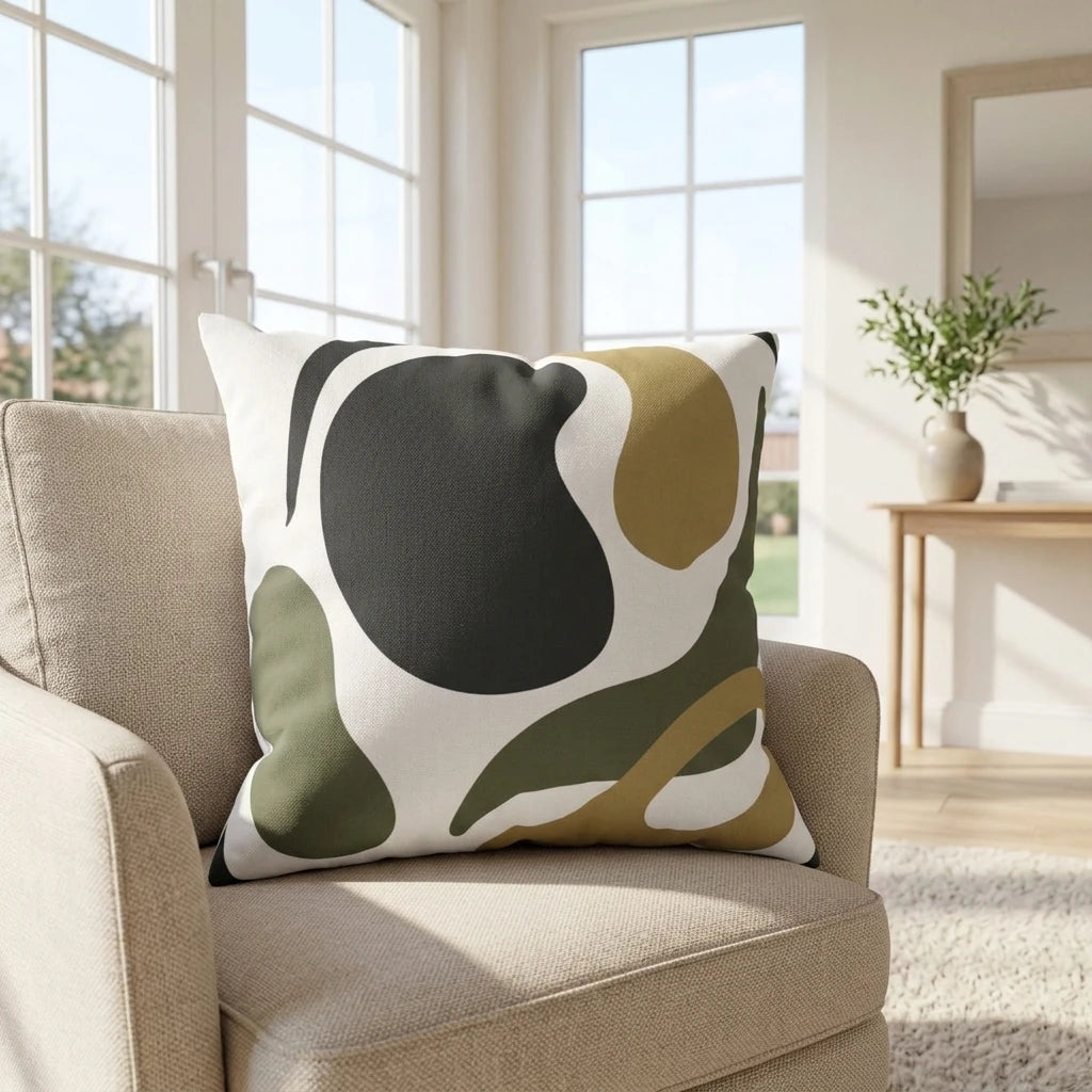 Abstract pattern cushion with sage green and mustard shapes on a beige armchair in a bright, sunlit living room interior.