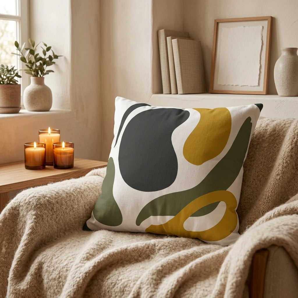Abstract art cushion with green and yellow organic shapes on a cozy armchair with a fluffy blanket and glowing candles.