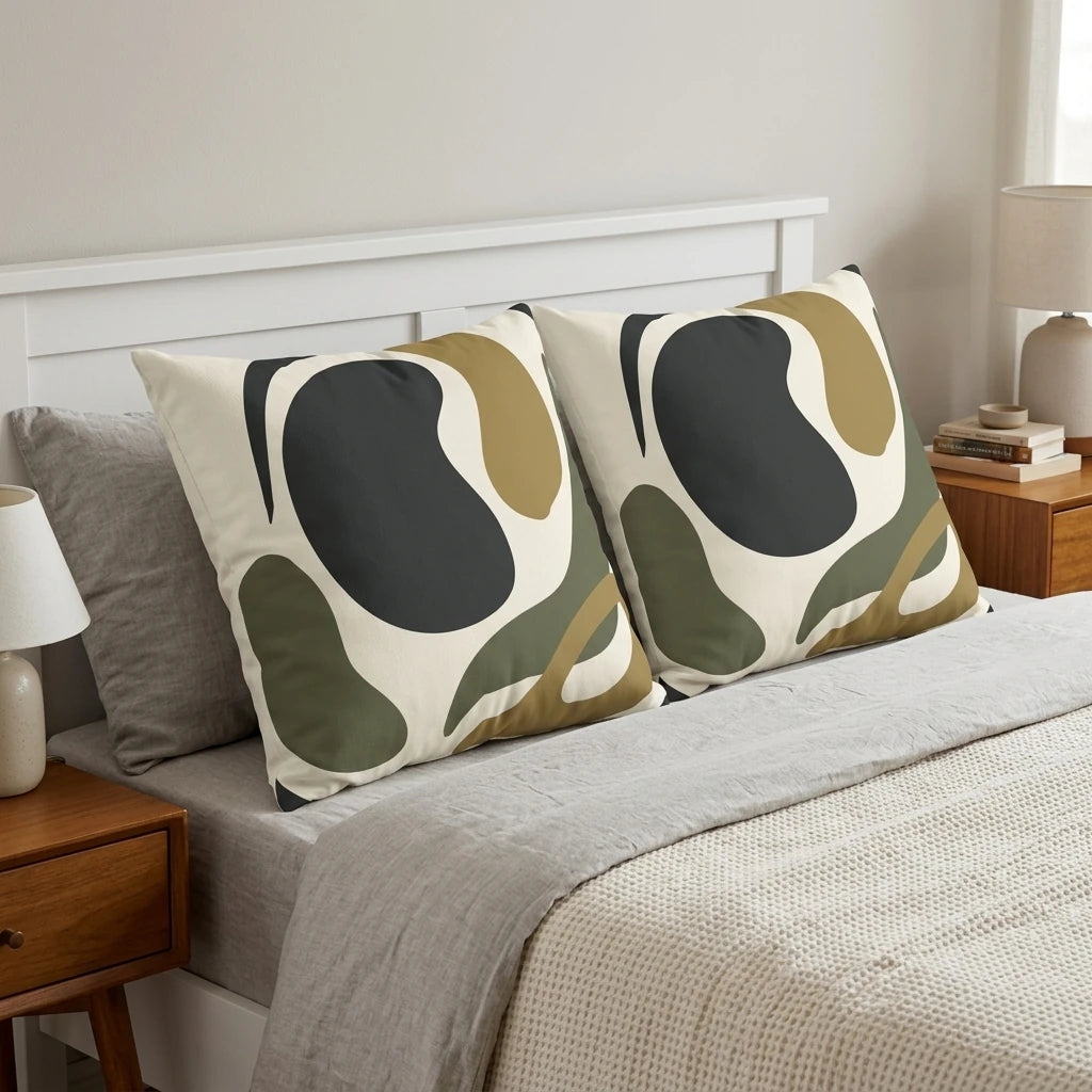 Two throw pillows with olive and ochre abstract patterns on a grey bed featuring a white headboard and wooden nightstands in a modern bedroom.