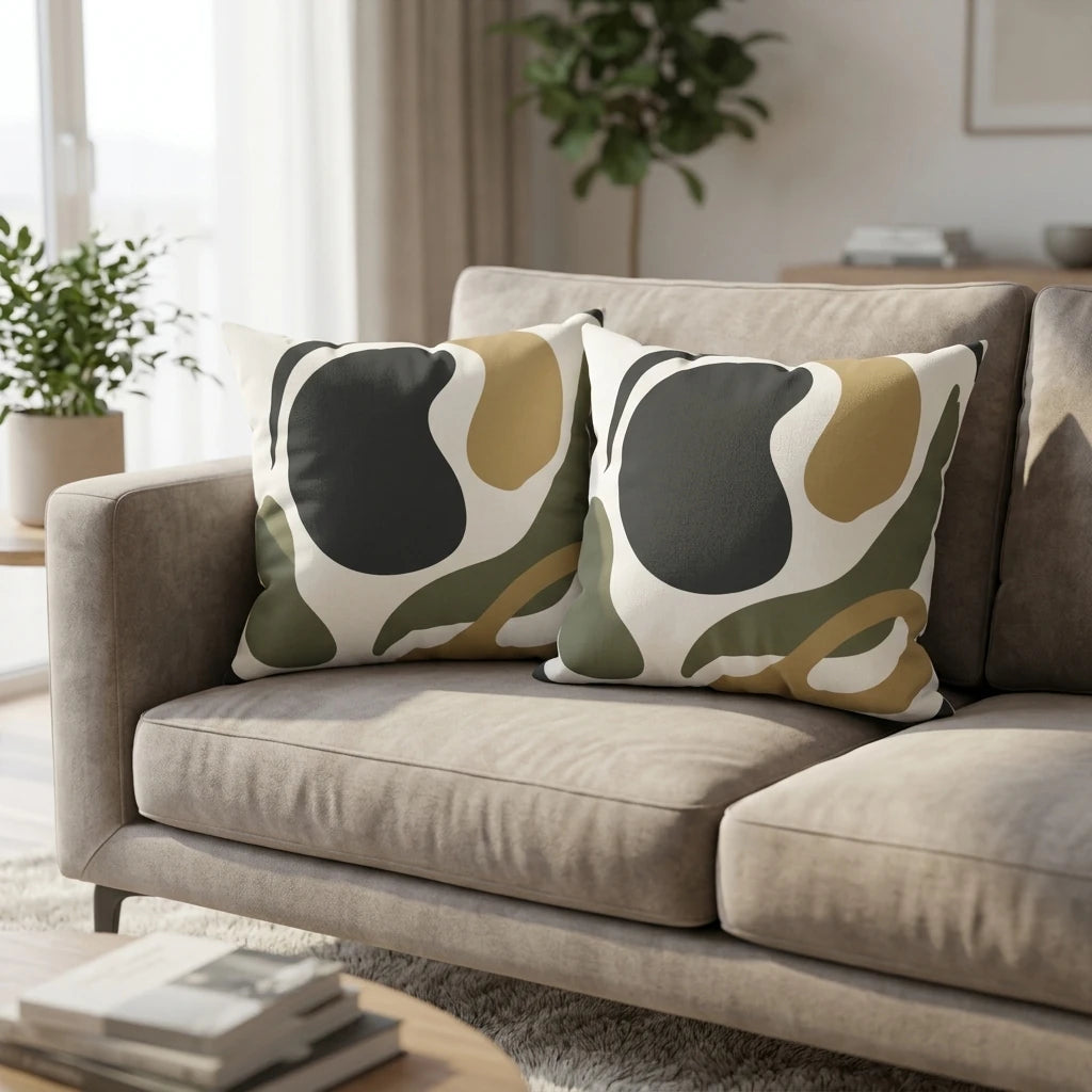 Modern throw pillows with abstract organic shapes in black, green and mustard on a beige sofa in a bright, contemporary living room setting.