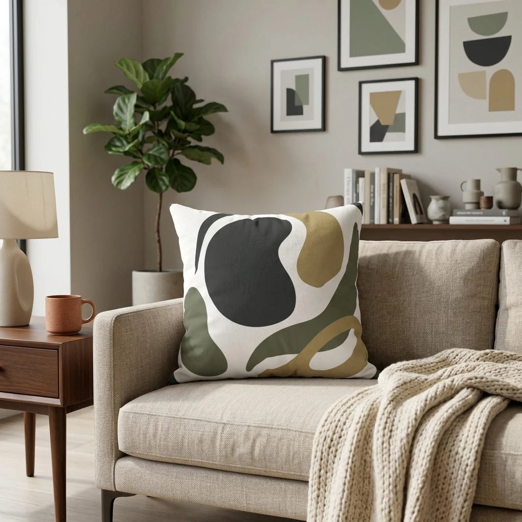 Abstract pattern throw pillow with green and mustard shapes on a beige sofa in a modern living room lifestyle shot with minimalist wall art.