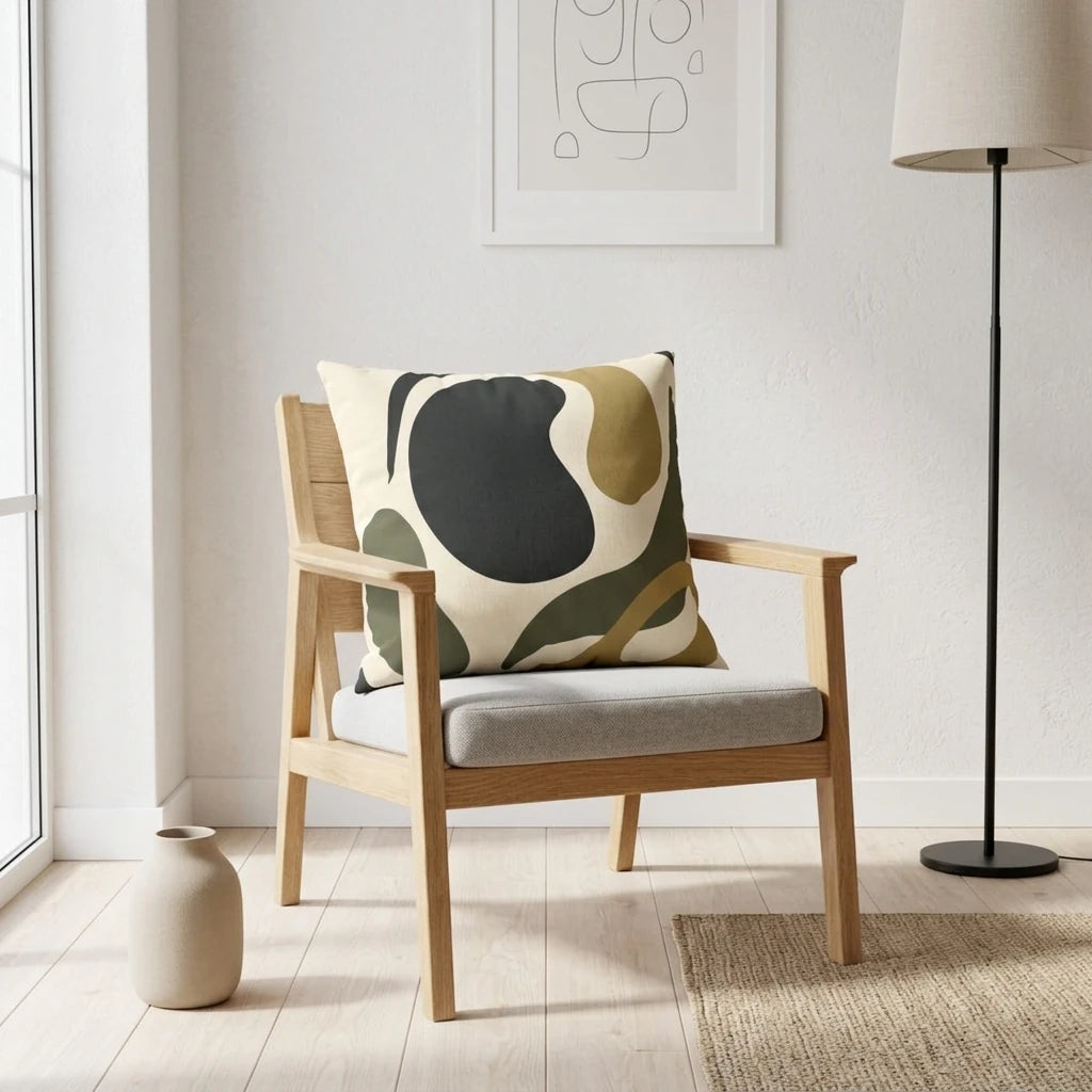 Modern throw pillow with organic black and mustard shapes on a wood armchair in a bright minimalist living room scene.