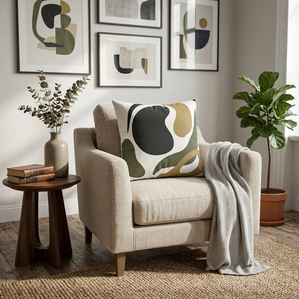 Abstract cushion with olive, mustard, and charcoal shapes on a beige armchair in a modern living room with wall art and a potted plant.