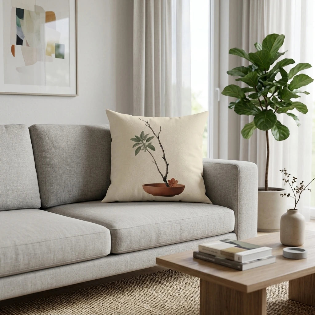 Front view of Minimalist Japandi Cushion Cover Cream with Terracotta Bowl and Sage Ikebana Sprig on a white background.