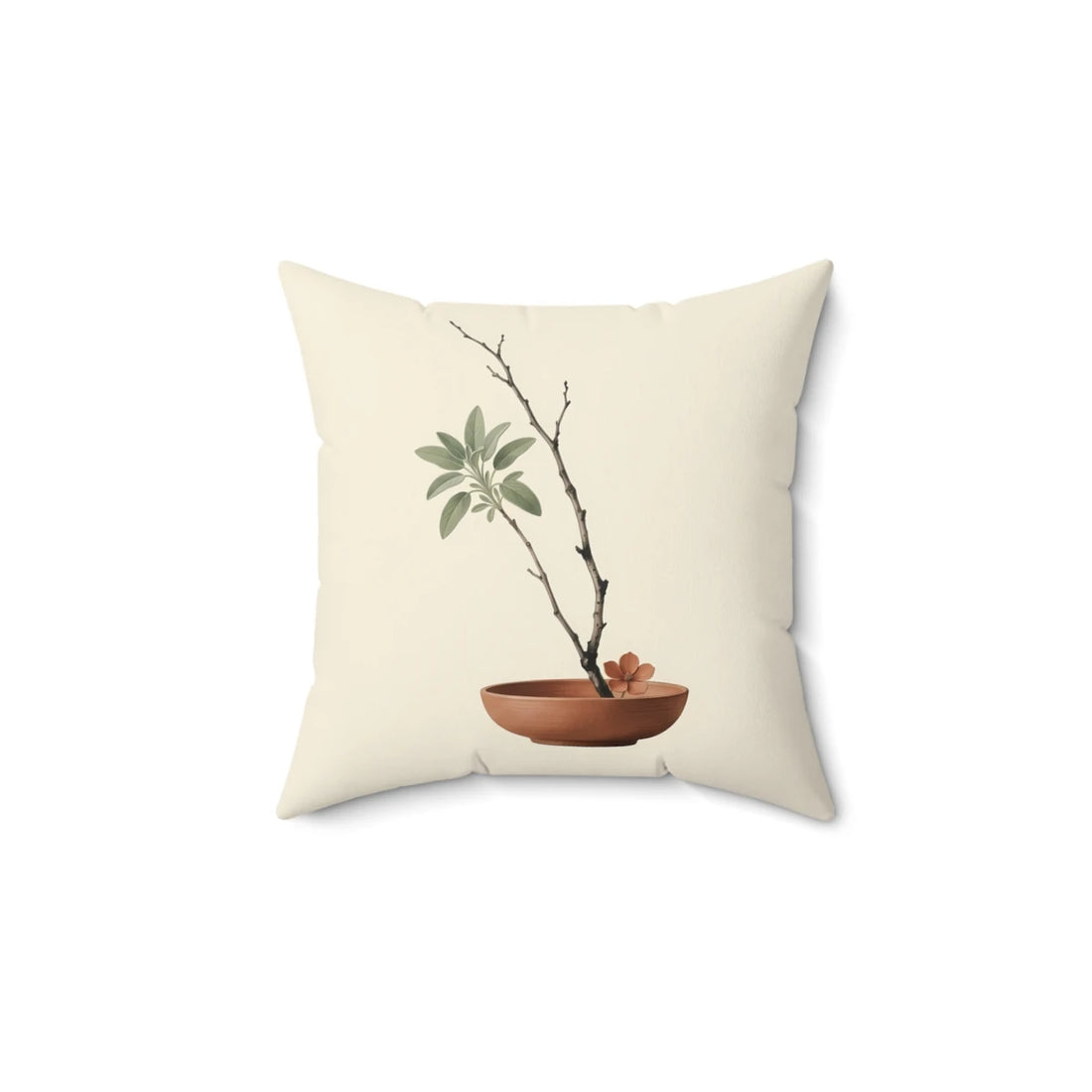 Front view of Minimalist Japandi Cushion Cover Cream with Terracotta Bowl and Sage Ikebana Sprig on a white background.