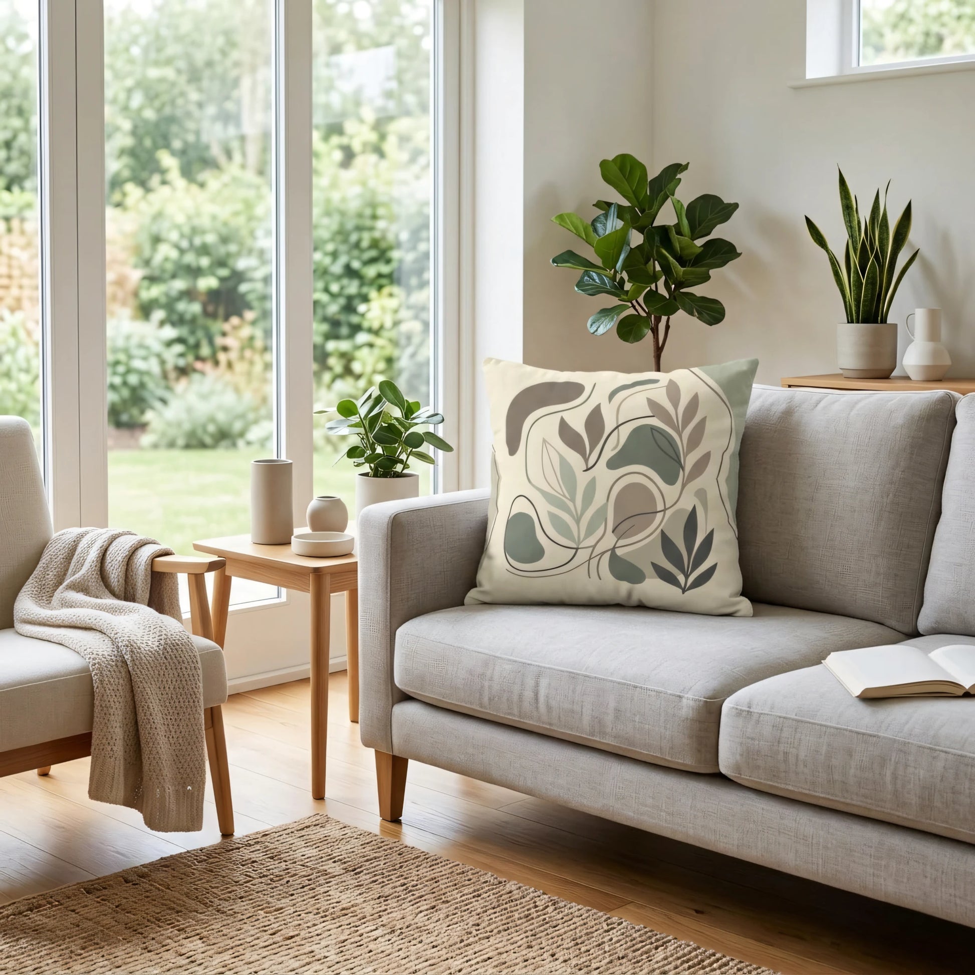 Abstract botanical cushion with sage green leaf patterns on a grey sofa in a bright living room, featuring natural light and indoor plants.