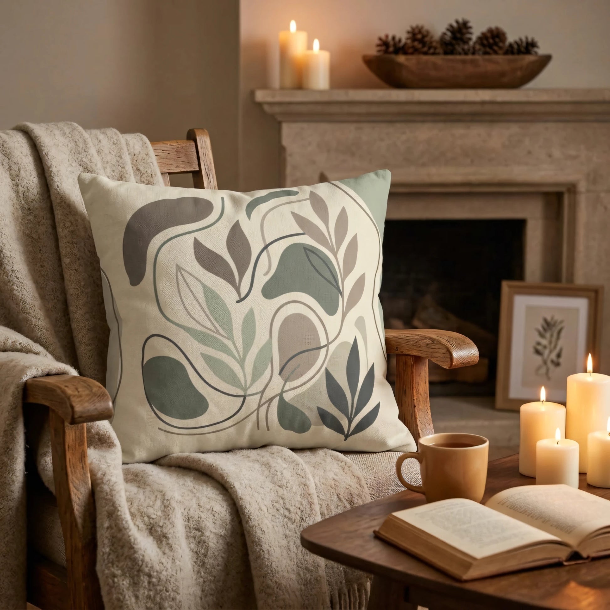 Botanical abstract throw pillow with earthy sage and beige patterns on a wooden armchair in a cozy candlelit fireplace scene.