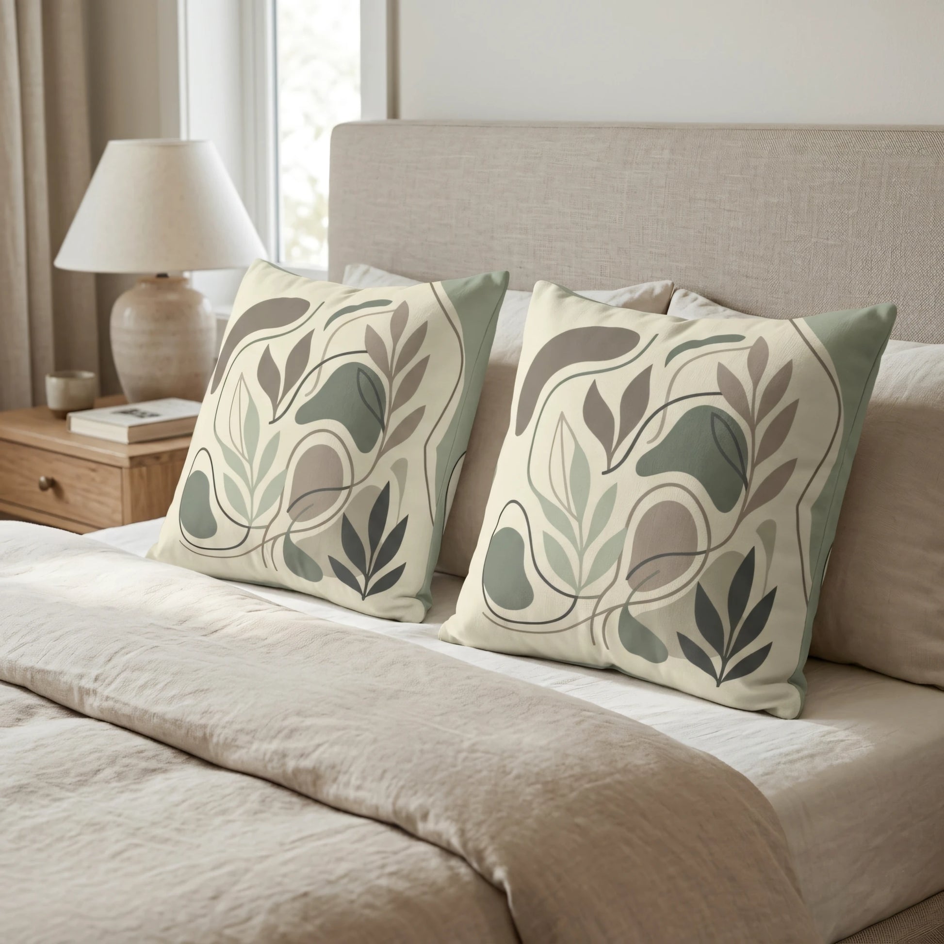 Duo of square pillows with abstract botanical leaf designs in sage green and brown, styled on a cozy neutral bed in a bright modern bedroom.