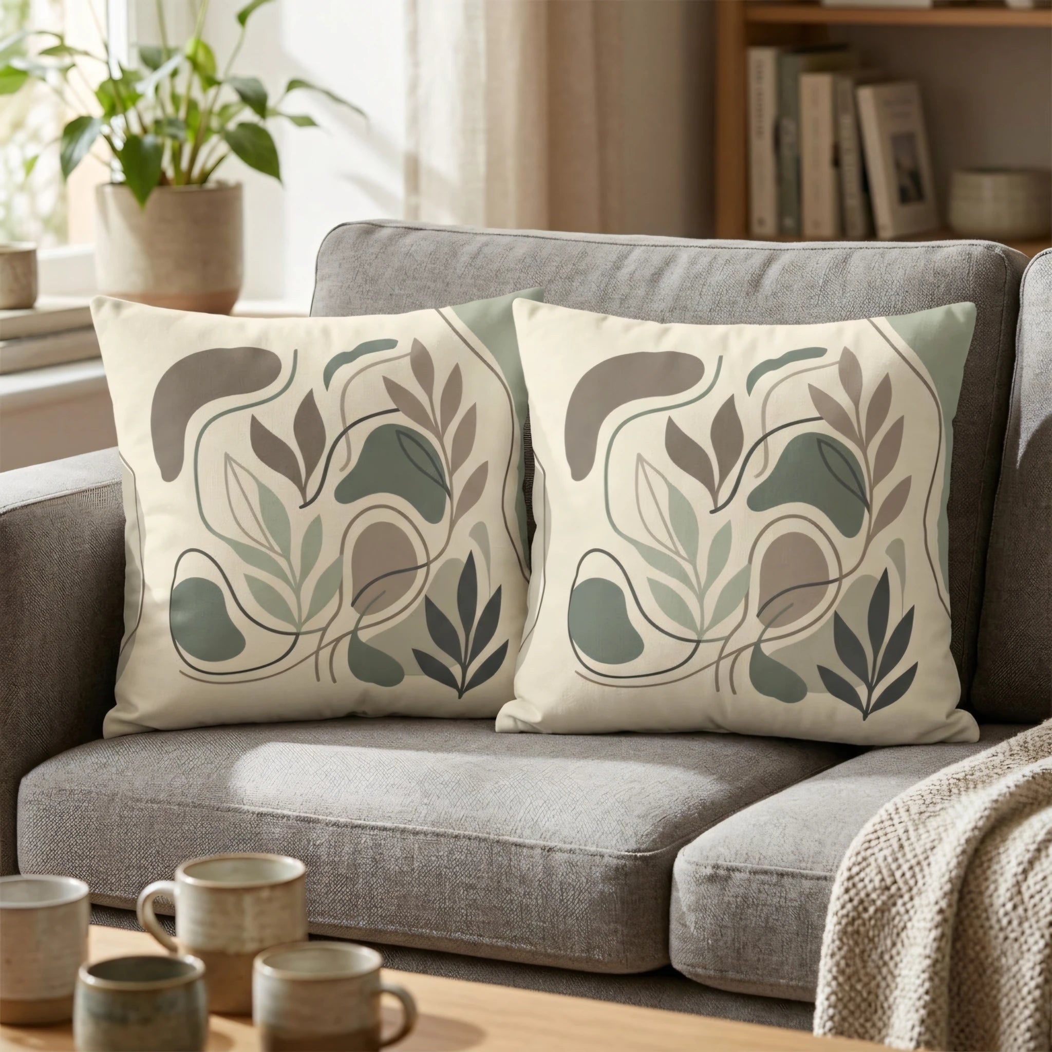 Pair of decorative cushions featuring sage green and brown abstract botanical patterns on a gray sofa in a cozy, sunlight living room setting.