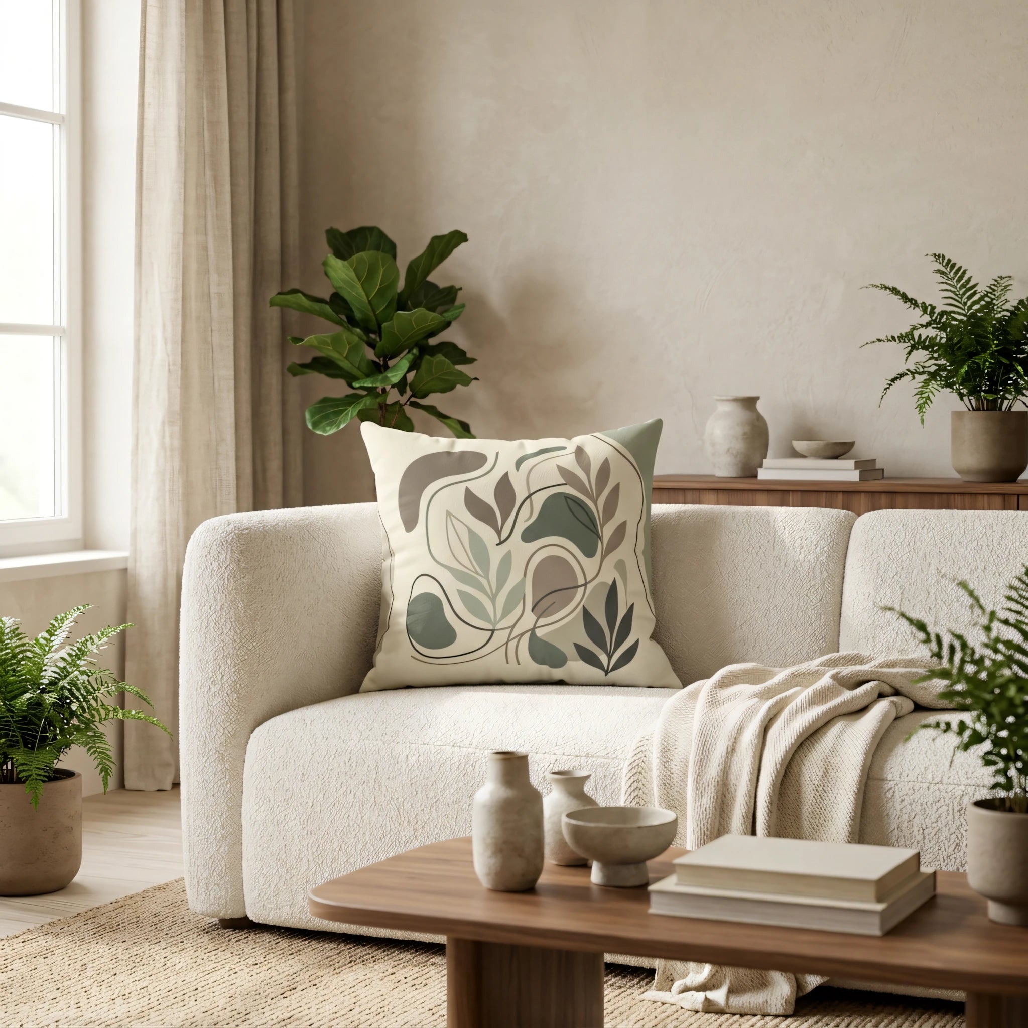 Abstract botanical cushion with sage green leaves on a white sofa in a minimalist modern living room filled with plants and natural light.