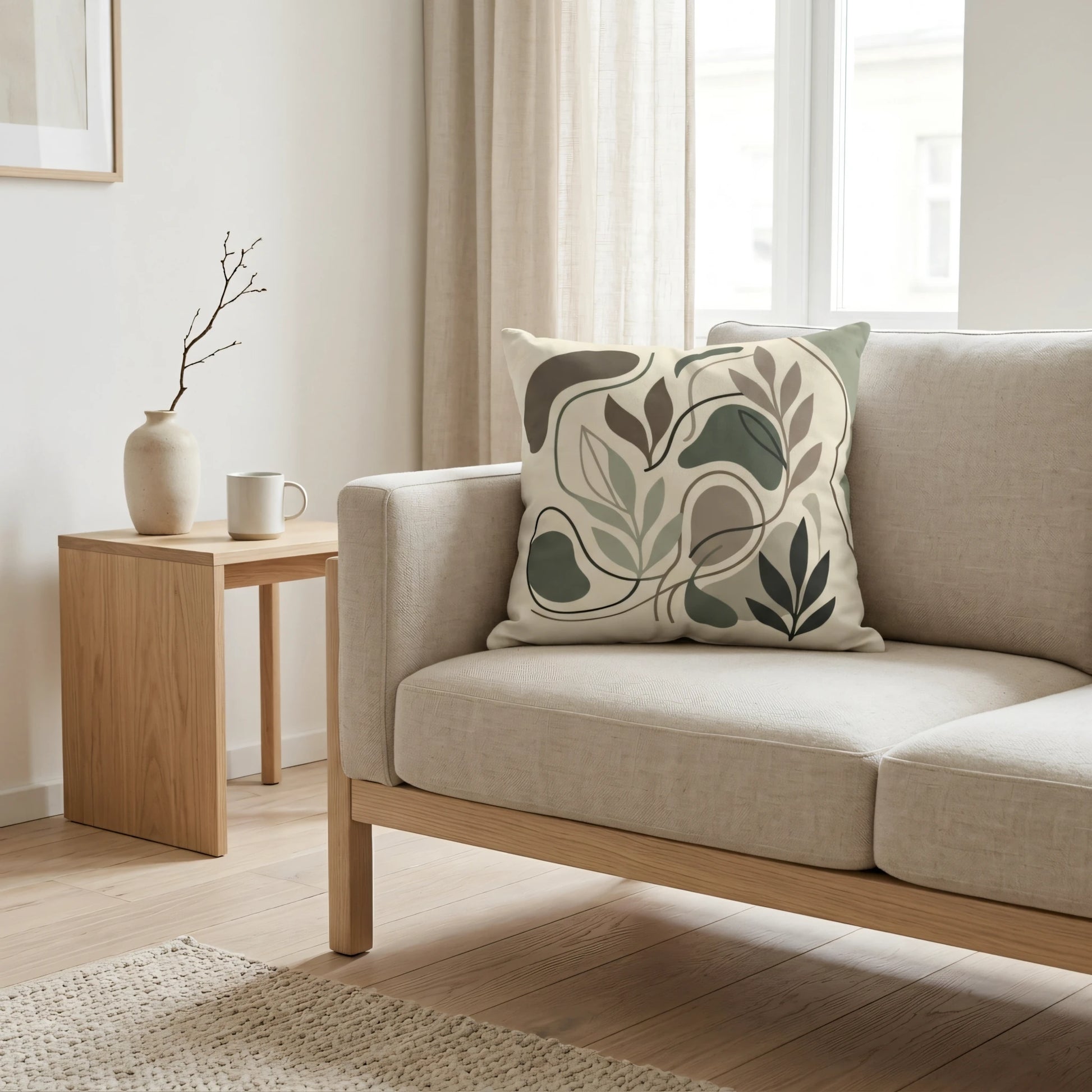 Botanical throw pillow with sage green and earth-toned leaf patterns on a beige sofa in a bright minimalist interior setting.