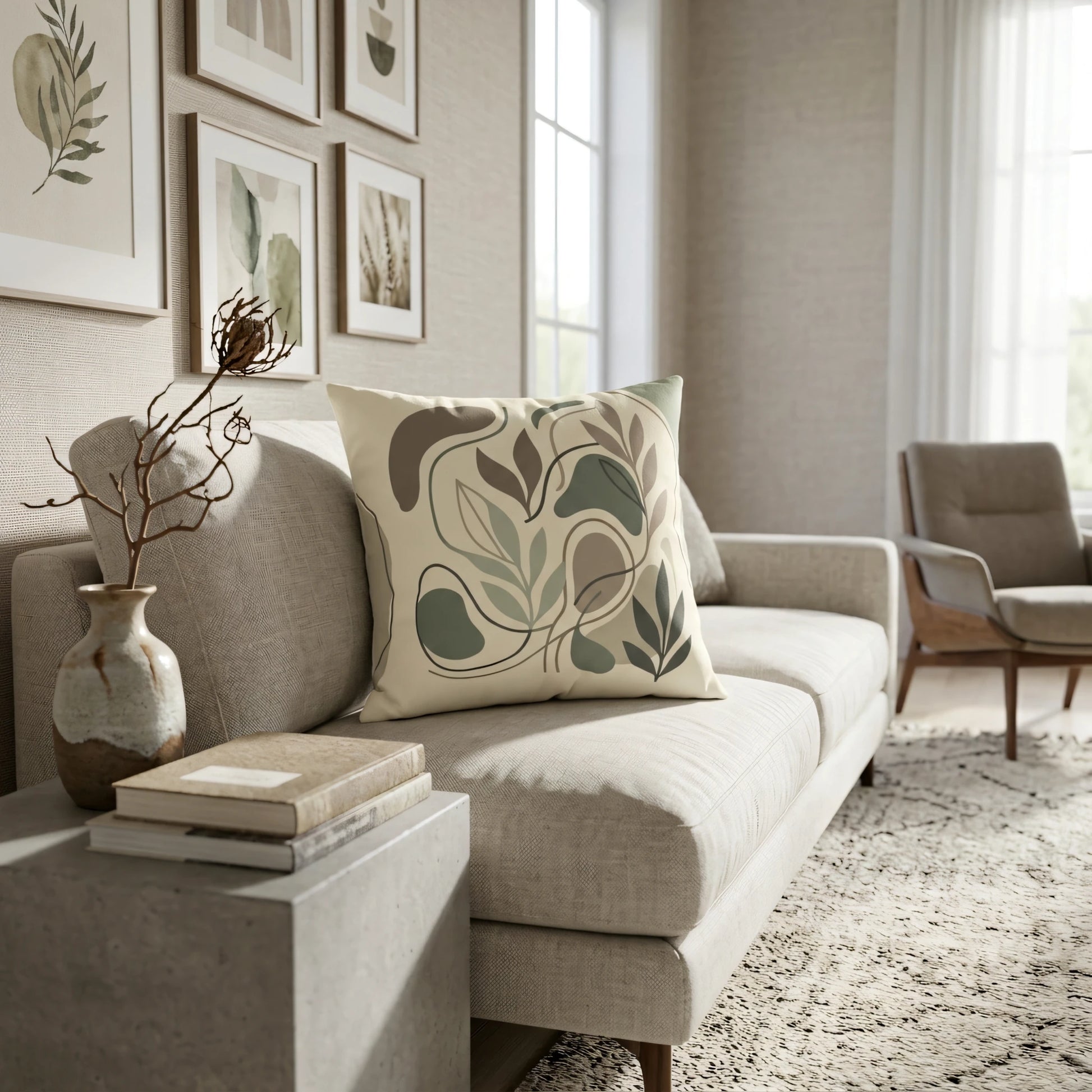Modern throw pillow with abstract botanical leaf designs in sage and taupe on a beige sofa in a minimalist, earthy living room interior.