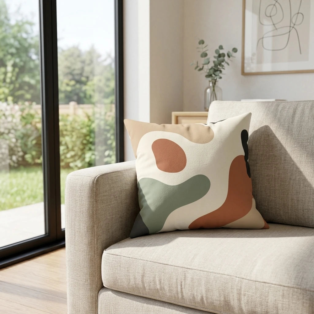 Modern cushion featuring organic abstract patterns in earthy tones on a beige sofa in a bright living room with garden views.