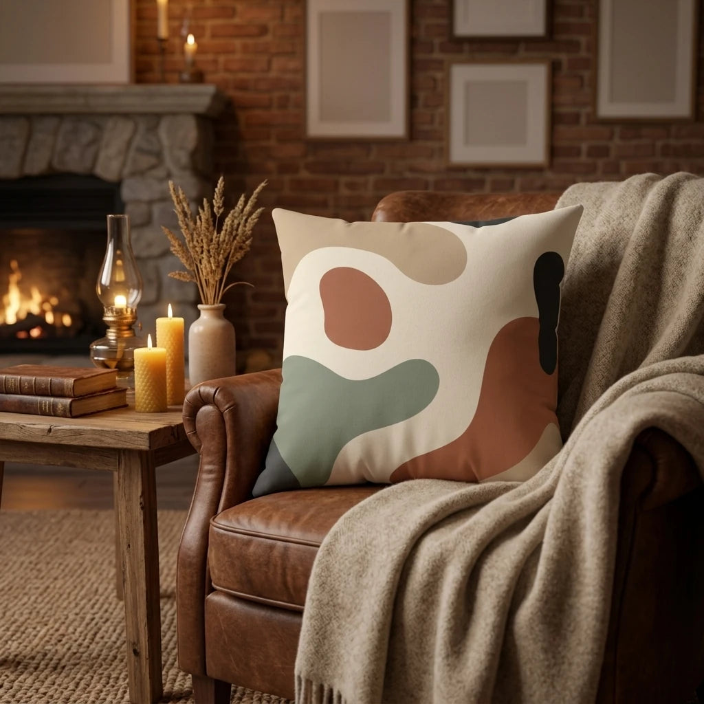 Abstract pattern throw pillow in earthy tones on a leather armchair in a cozy living room with a lit fireplace and warm candle lighting.