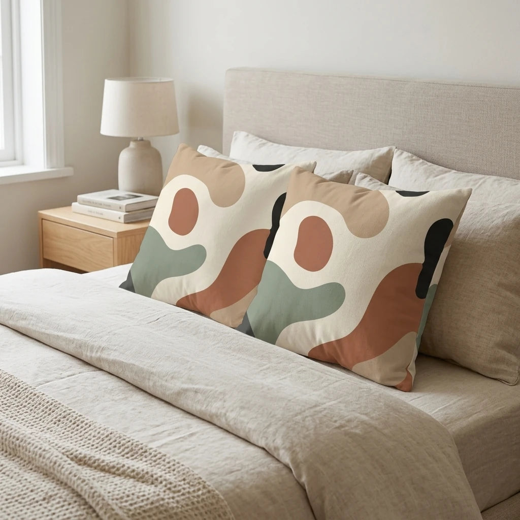 Two decorative cushions with abstract organic shapes in terracotta and sage green on a beige bed in a cozy, minimalist bedroom.