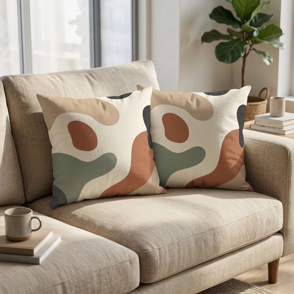 Pair of square pillows with organic abstract shapes in terracotta and sage green on a neutral sofa in a bright, modern living room setting.