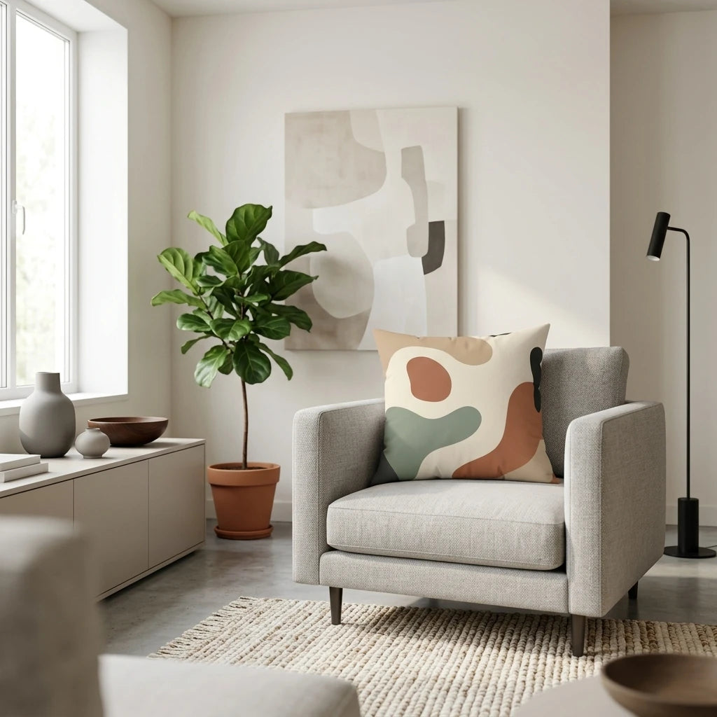 Decorative abstract throw pillow featuring terracotta and sage shapes on a gray armchair in a modern living room setting.