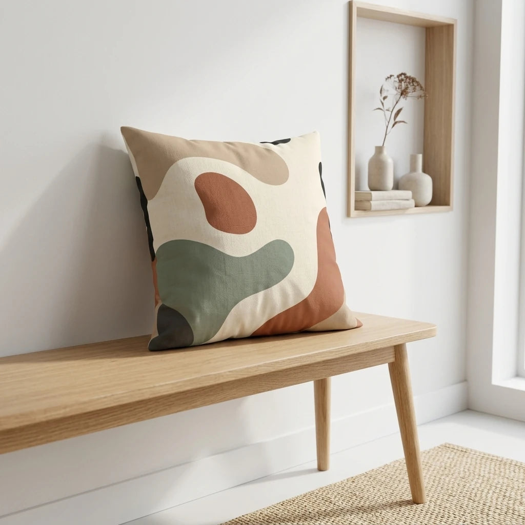 Minimalist cushion with abstract earth-toned shapes on a wooden bench in a bright interior featuring terracotta and sage green patterns.