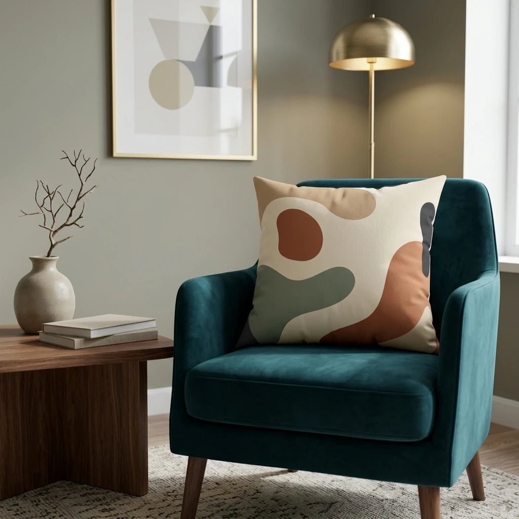 Abstract earthy cushion with organic shapes on a teal velvet armchair in a modern living room, lifestyle interior design shot.