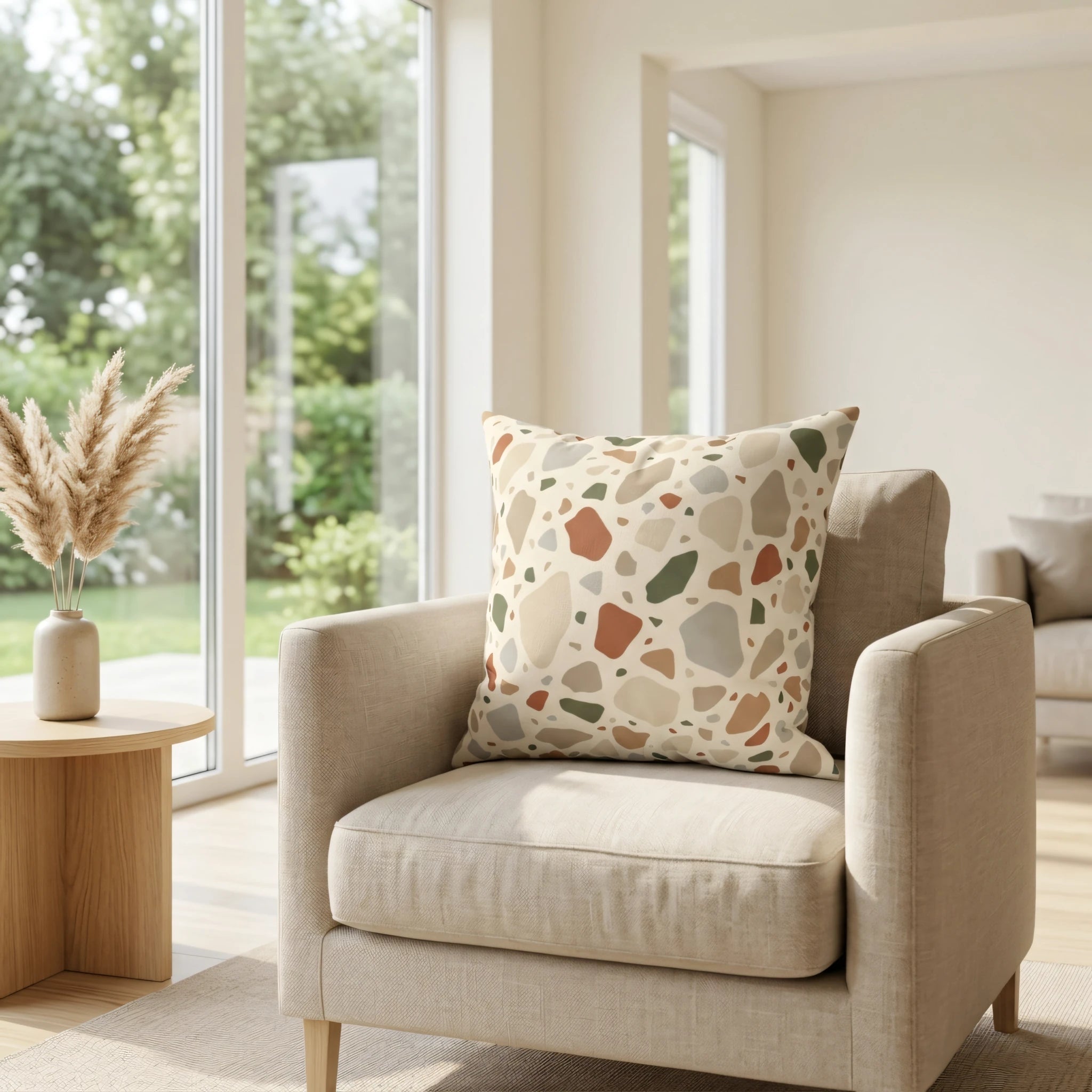 Modern terrazzo throw pillow with terracotta and olive green shapes on a beige armchair in a bright, sunlit living room with pampas grass.