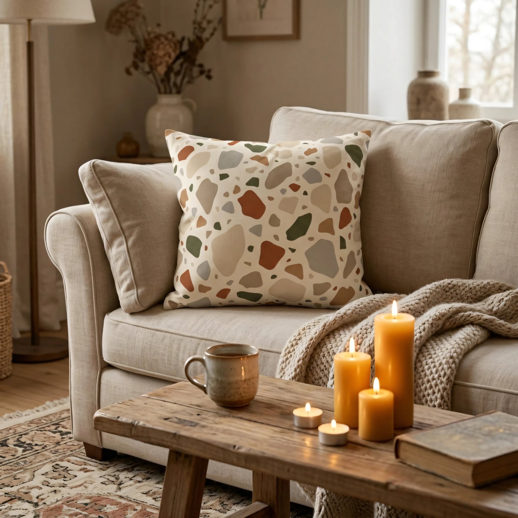Terrazzo pattern throw pillow in earth tones on a beige sofa. Cozy home decor with lit candles, a knitted blanket, and a rustic wooden coffee table.