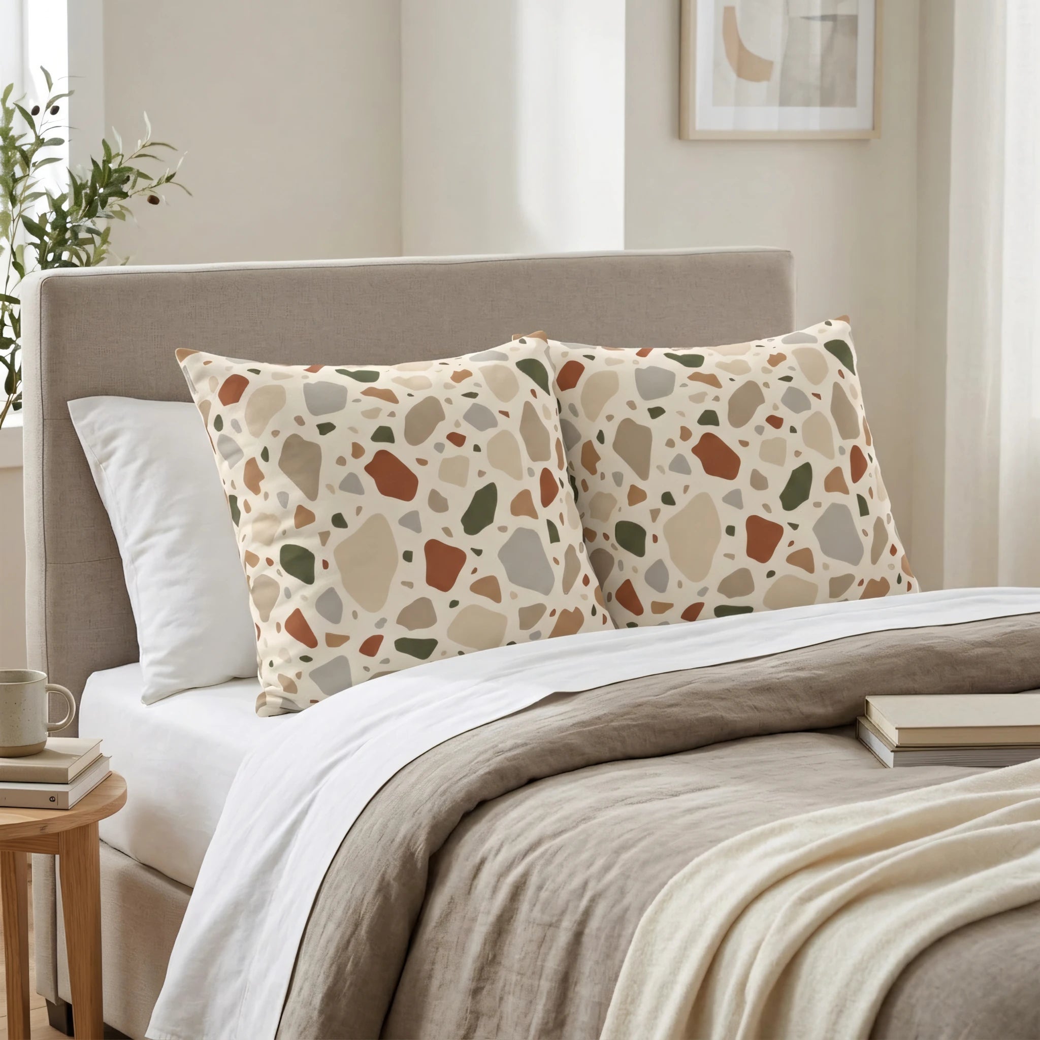 Pair of terrazzo pattern decorative cushions in earthy colors resting on a minimalist bed with a grey headboard and cream bedding.