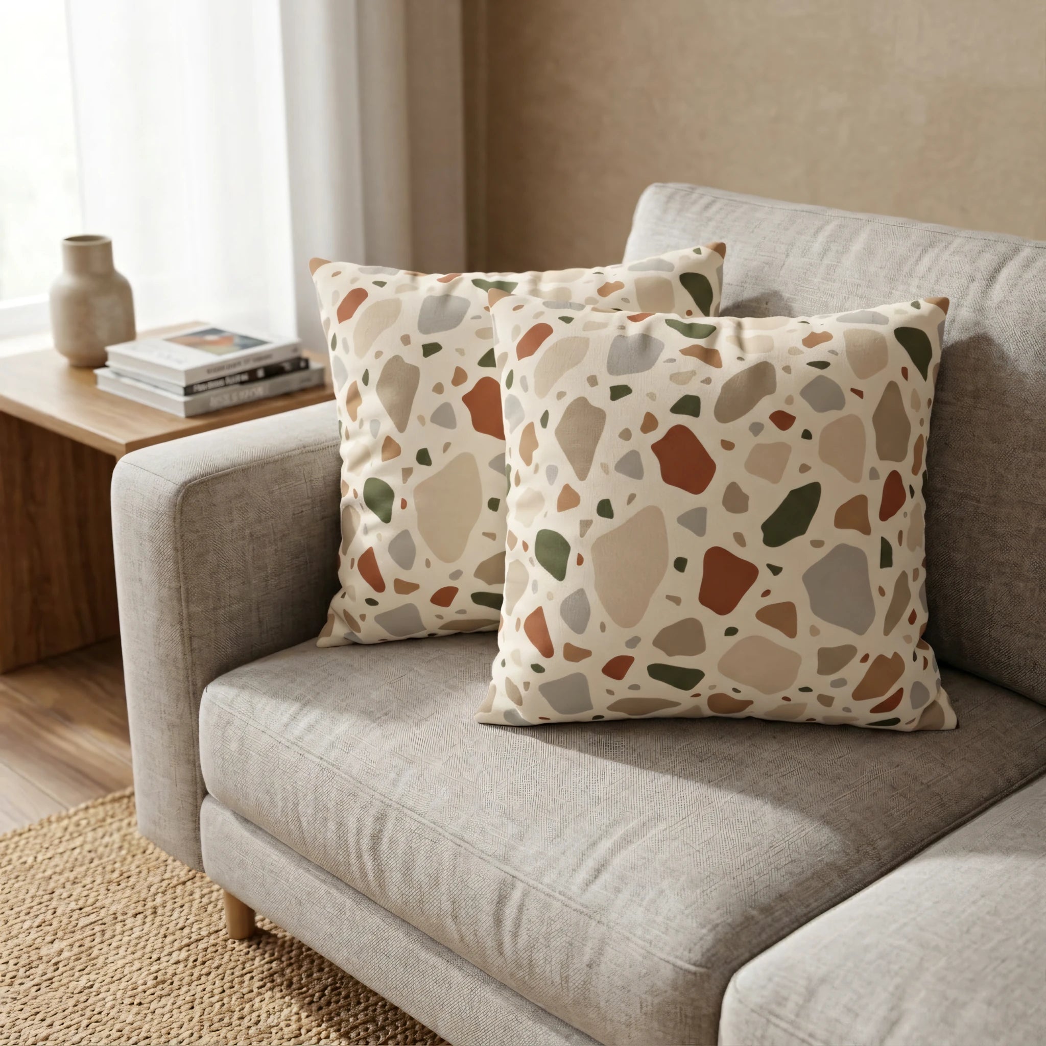 Two terrazzo pattern pillows in earth tones on a light grey sofa. Modern living room decor with terracotta and sage accents in a lifestyle shot.