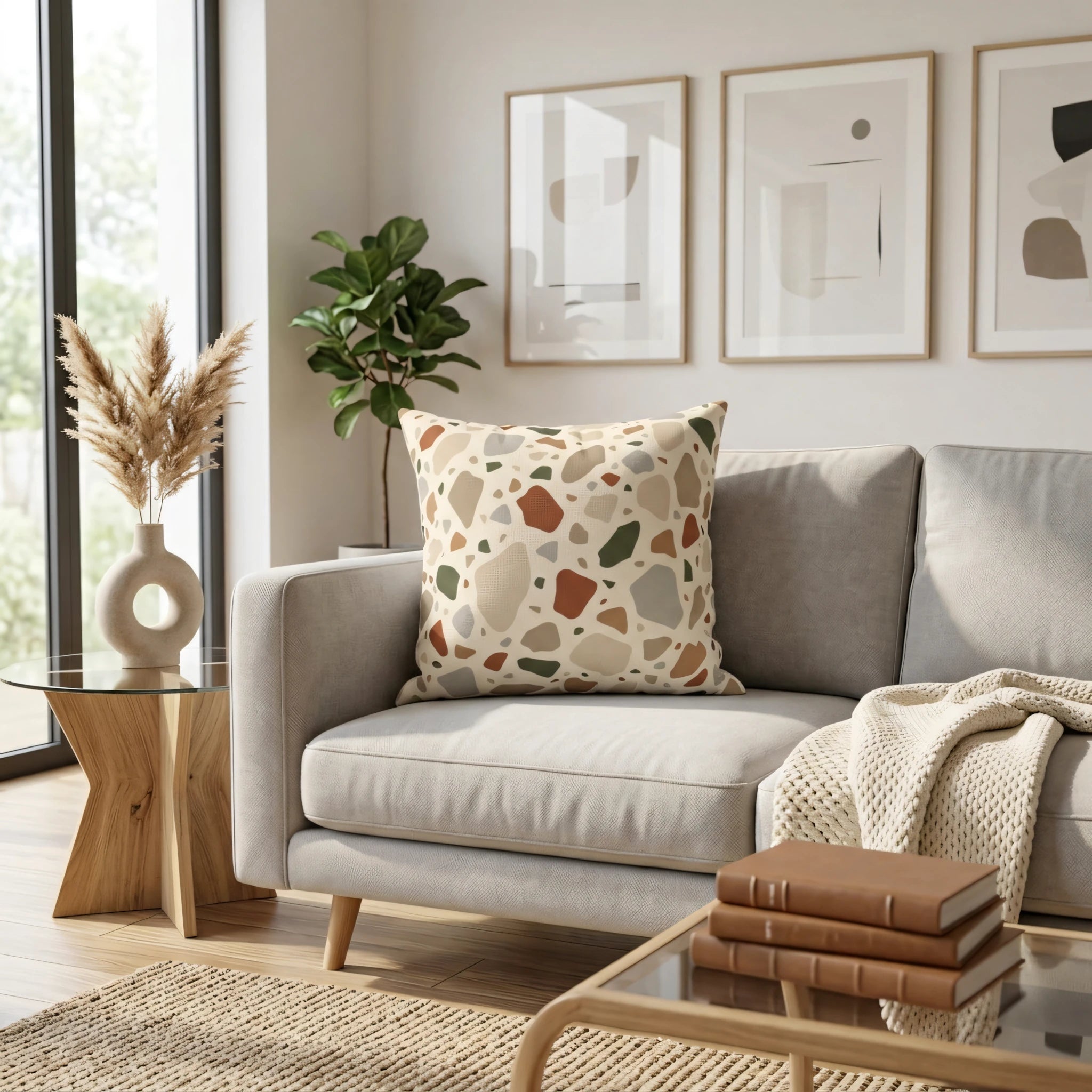 Modern throw pillow with an earthy terrazzo pattern on a grey sofa in a bright, minimalist living room with natural wood accents.