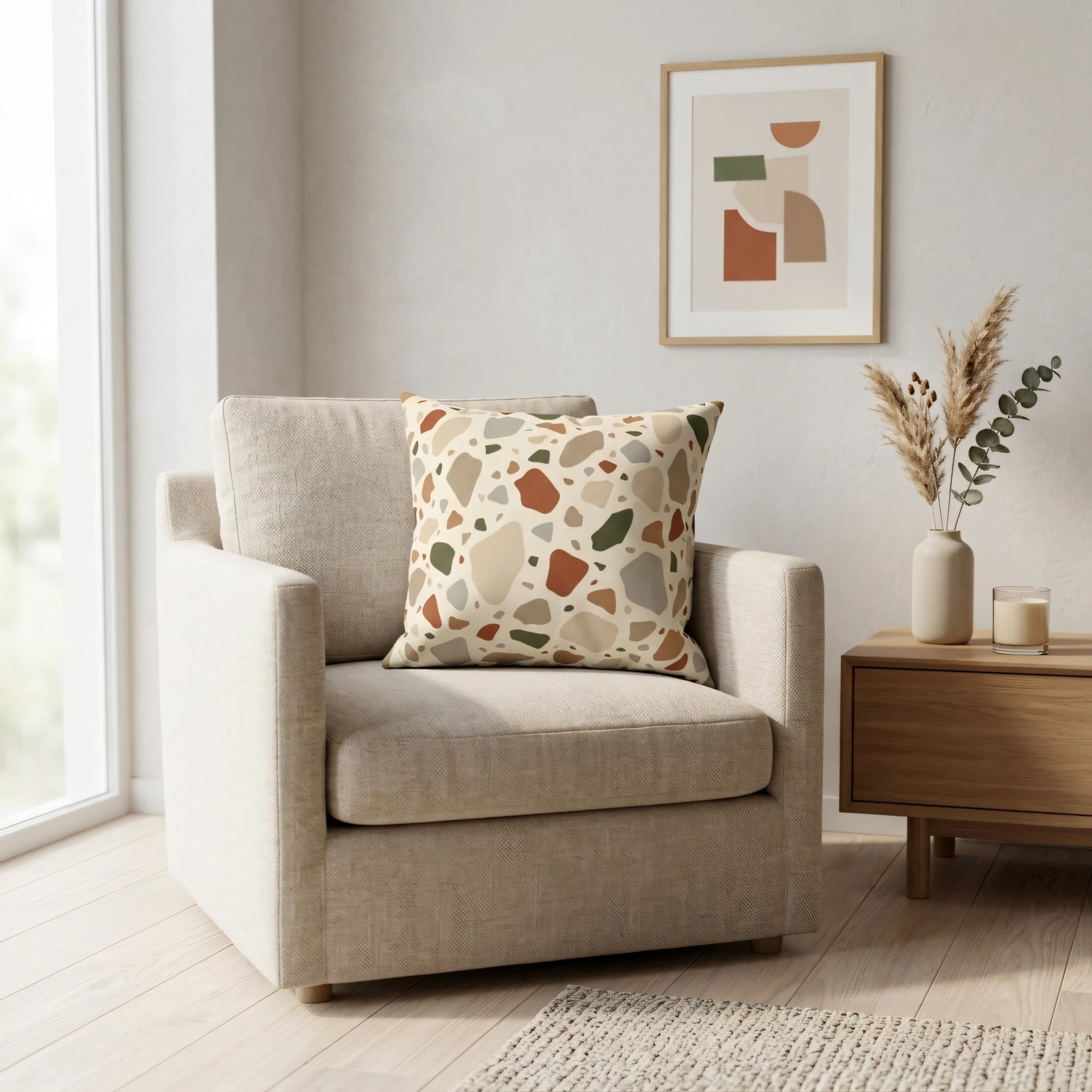 Modern throw pillow with an earth-toned terrazzo pattern on a beige armchair in a bright, minimalist living room lifestyle setting.