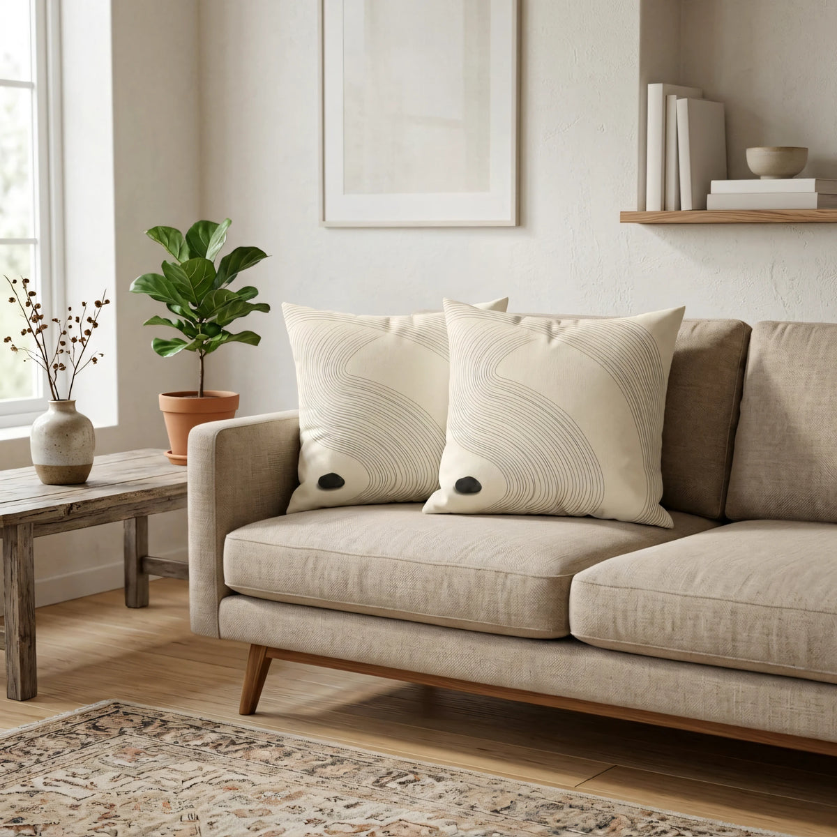 Raked Zen Sand Line Art Pillow Cover, lifestyle view.