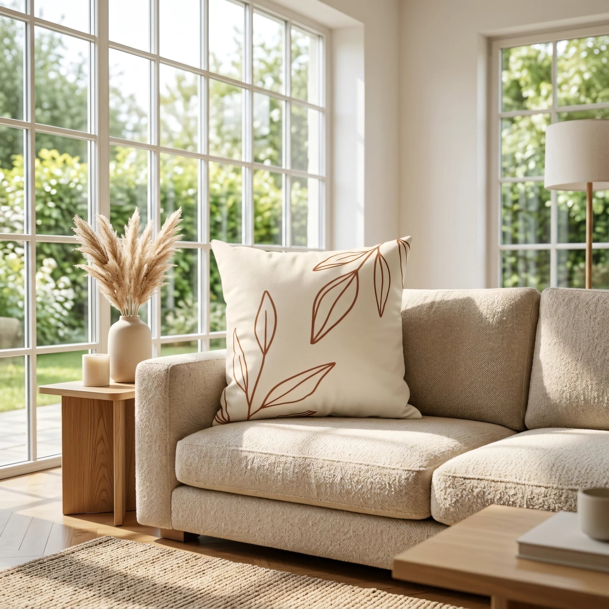 Minimalist cream pillow with brown leaf line art on a textured beige sofa in a sun-drenched living room with garden views.