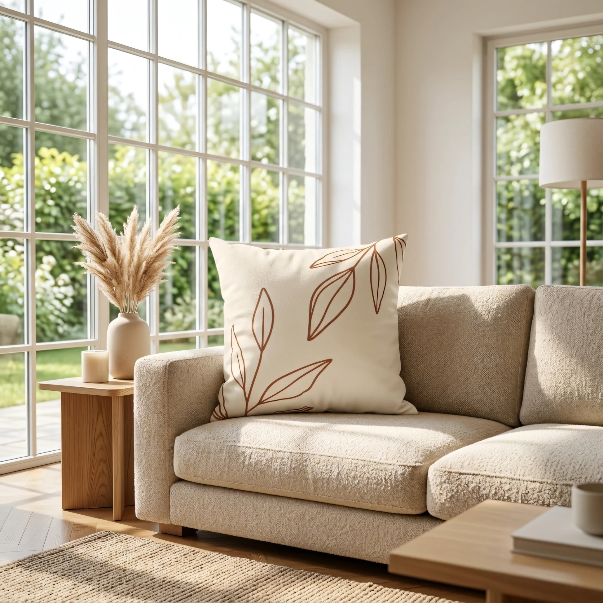 Minimalist cream pillow with brown leaf line art on a textured beige sofa in a sun-drenched living room with garden views.