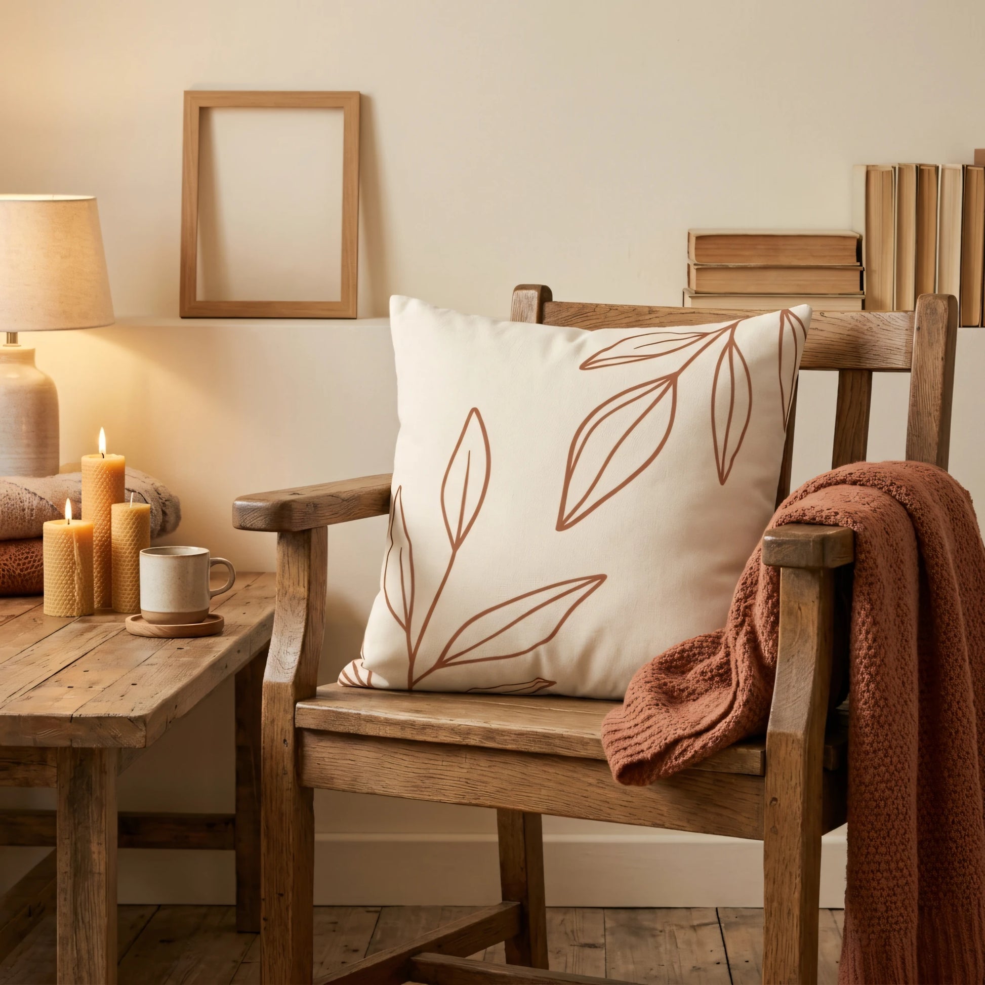 Cream pillow with terracotta leaf line art on a rustic wooden chair in a cozy lifestyle setting with candles and a warm throw blanket.
