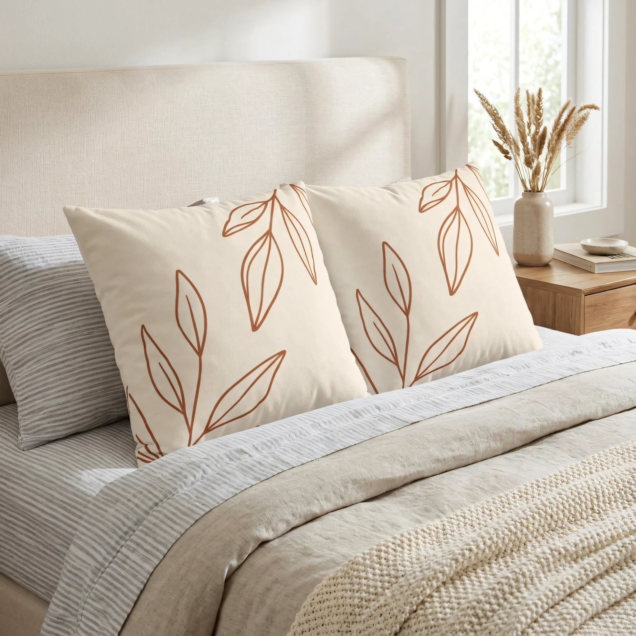 Cream throw pillows with terracotta leaf line art on a neutral bed with striped sheets and a cozy knit throw blanket.