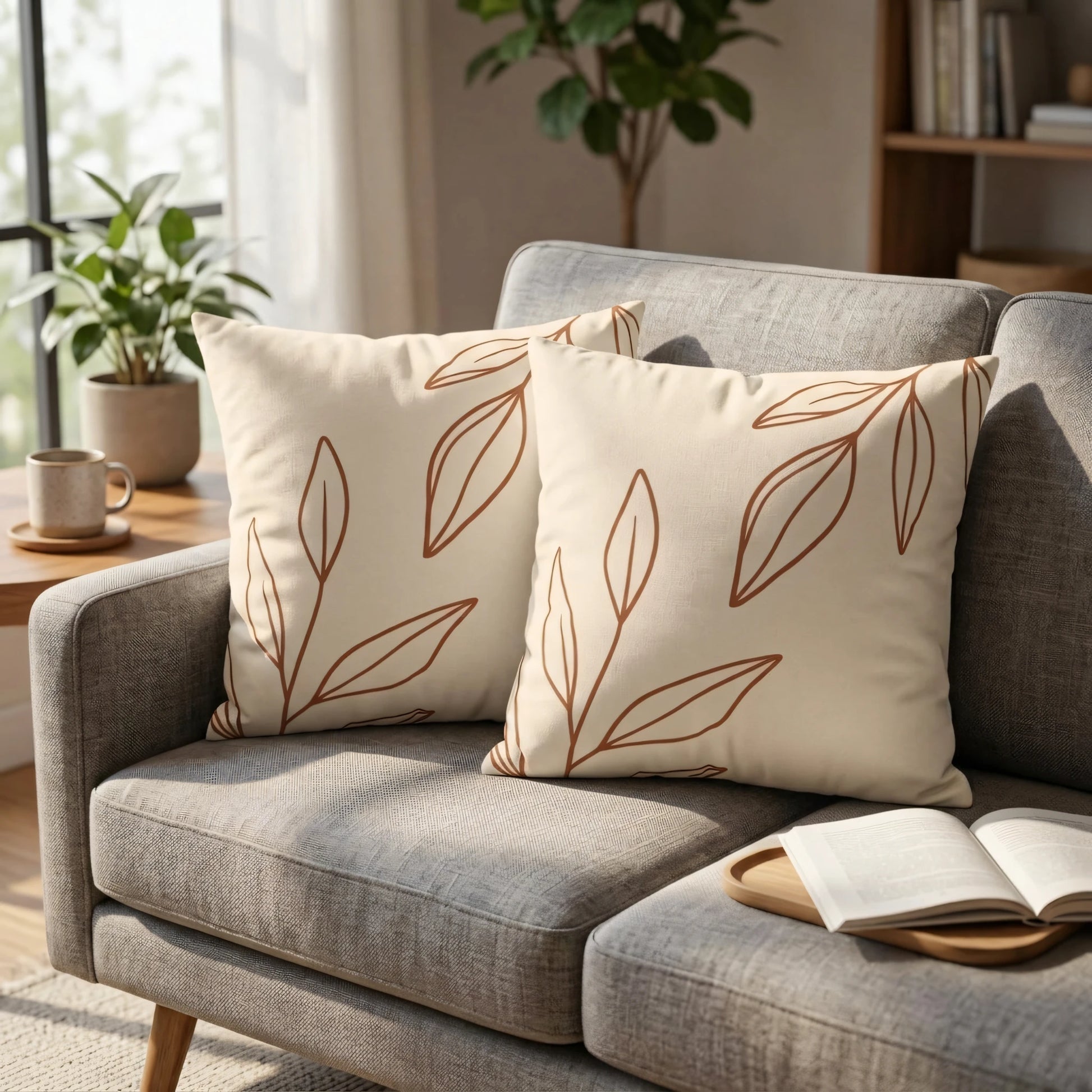 Two cream decorative pillows with brown botanical leaf line art on a grey fabric sofa in a cozy, sunlit living room with plants.