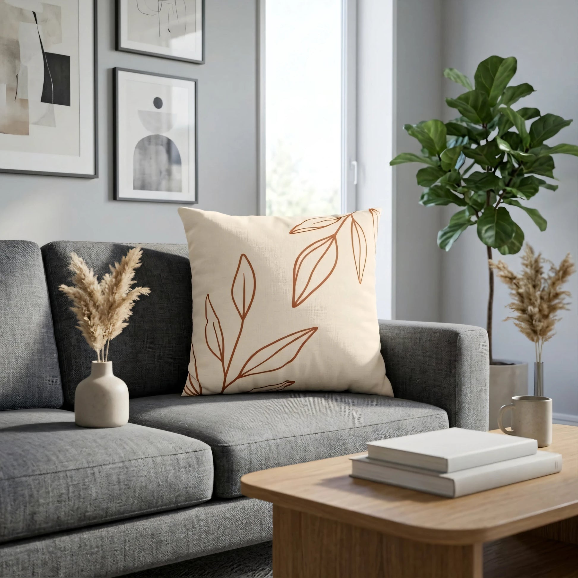 Beige cushion with brown leaf design on a grey sofa in a modern living room interior featuring plants and a wooden coffee table.