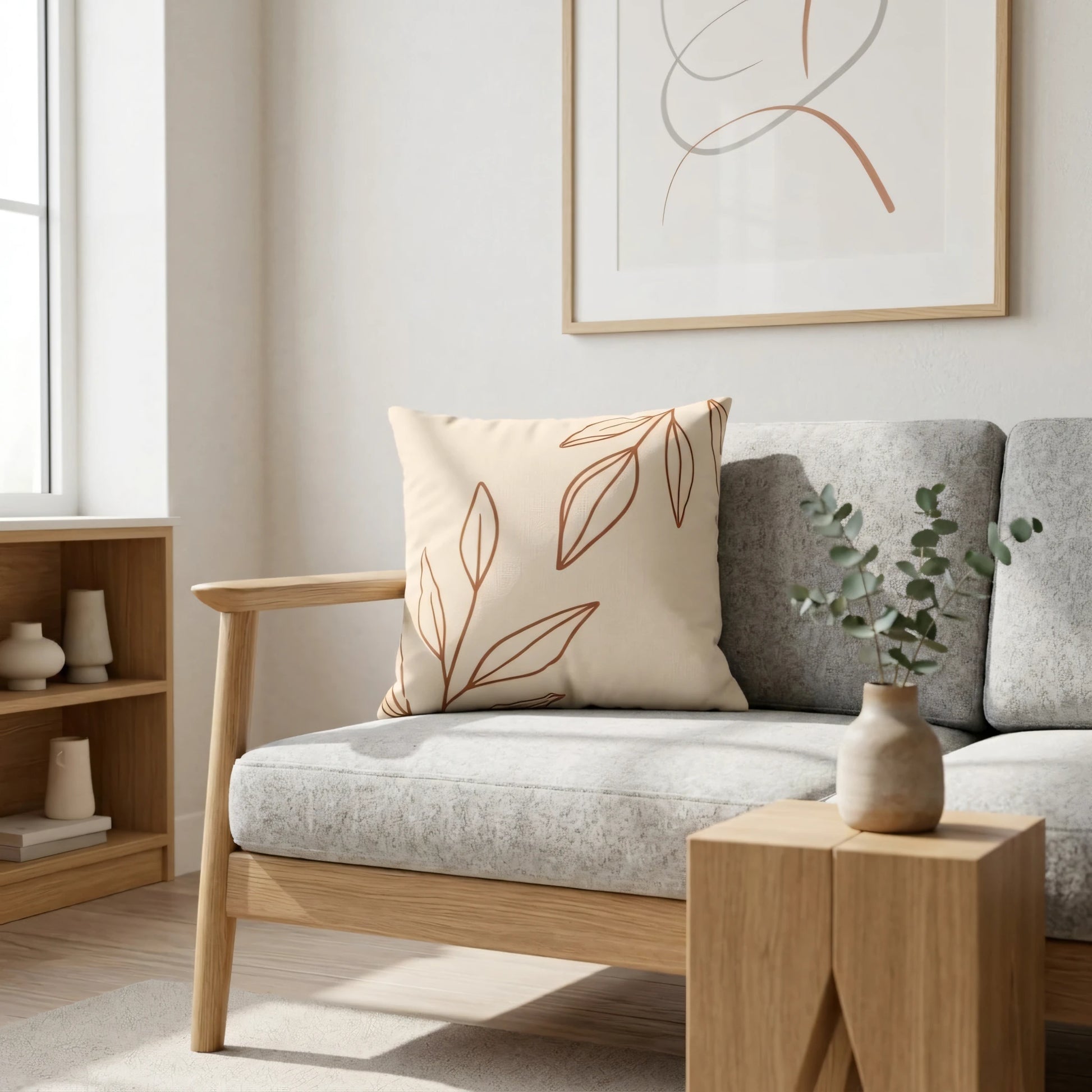 Minimalist cushion with terracotta leaf line art on a light grey couch in a bright, modern living room with natural wood furniture.