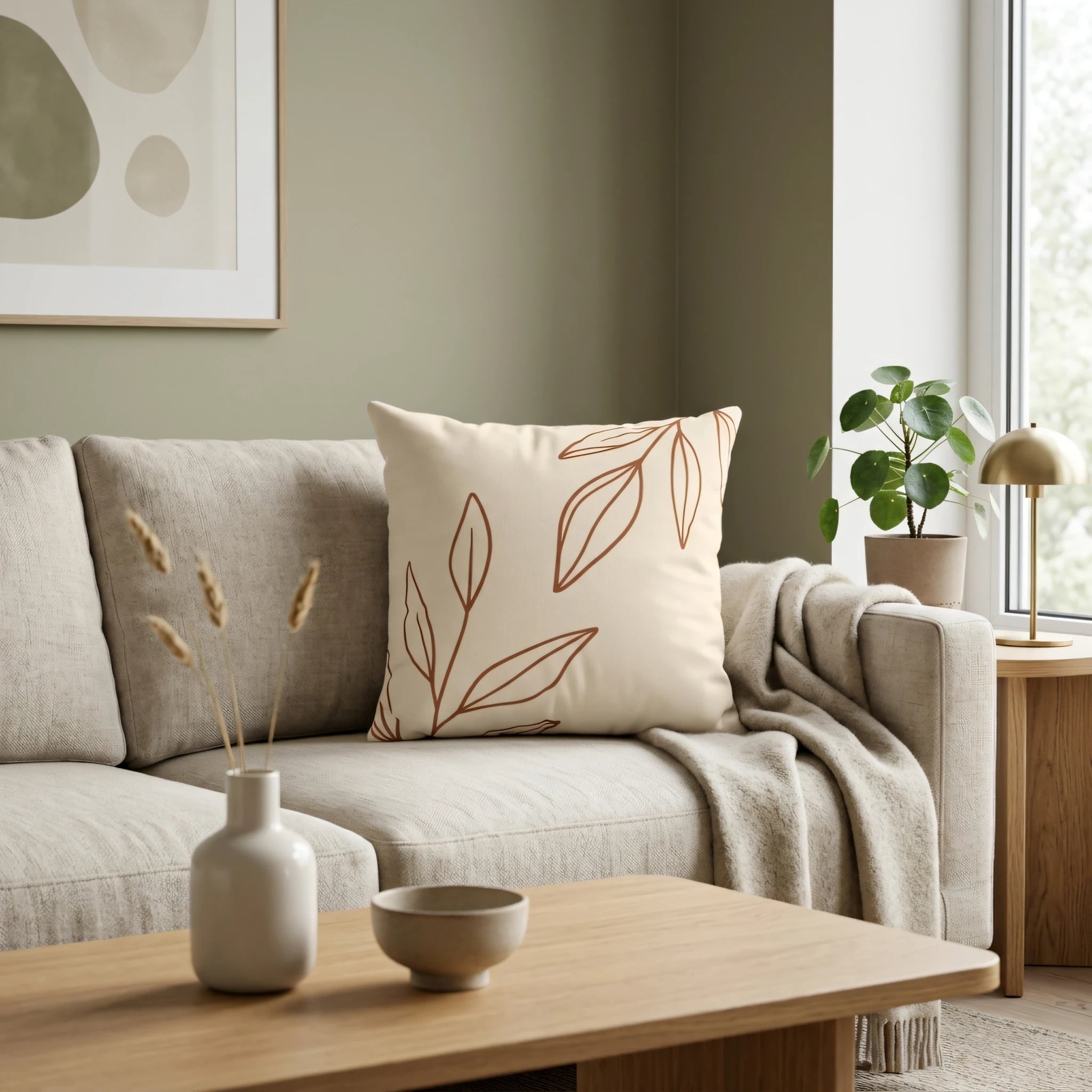 Decorative cream pillow with brown botanical line art on a beige sofa in a modern, earthy-toned living room lifestyle shot.