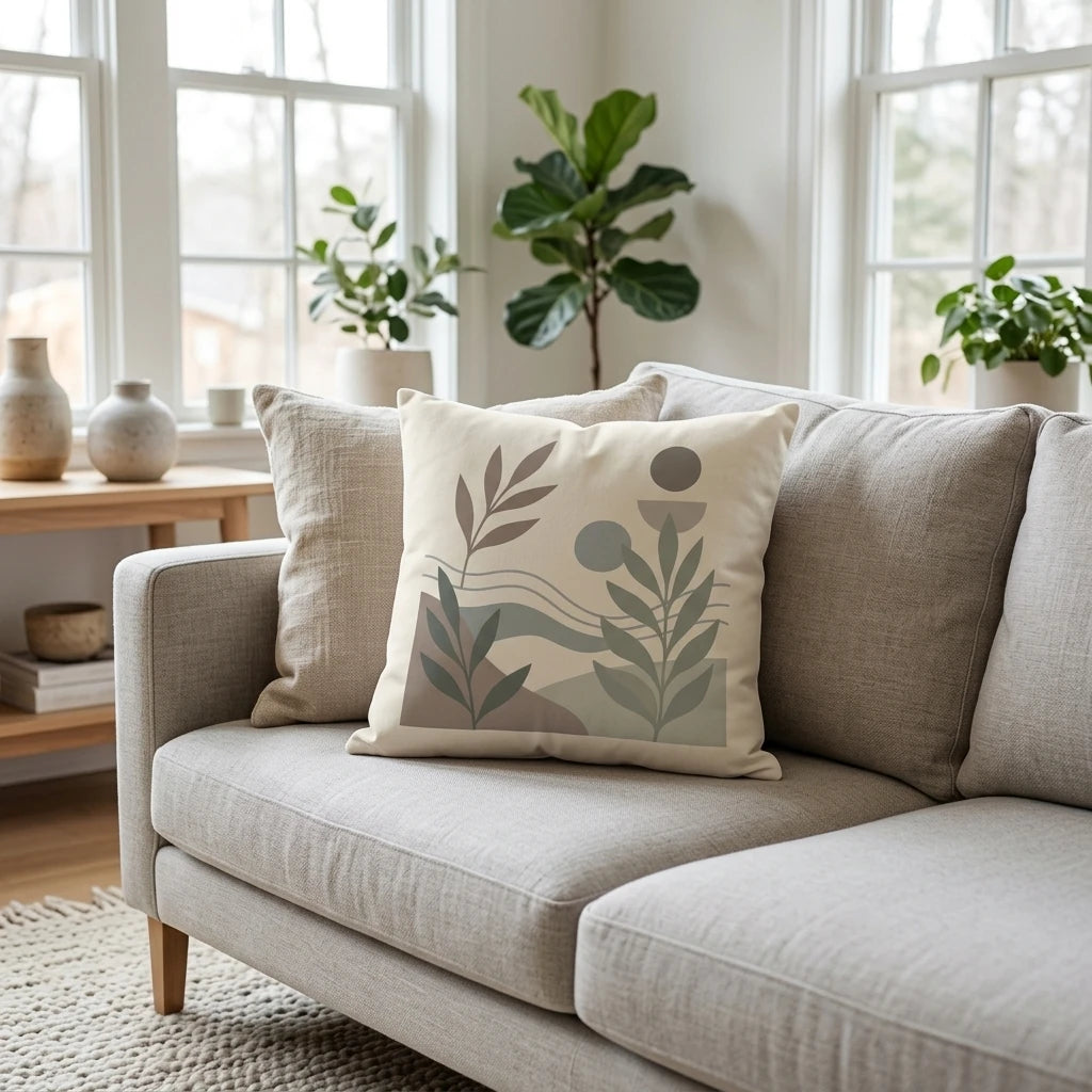Decorative cushion with abstract botanical leaf art in sage and tan tones on a neutral sofa in a bright, airy living room with lush green plants.