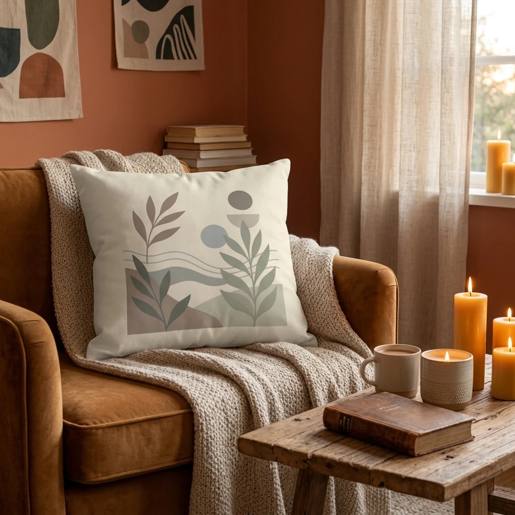 Decorative botanical pillow with abstract leaves in earthy tones, styled on a cozy brown chair with candles and a warm knit throw.