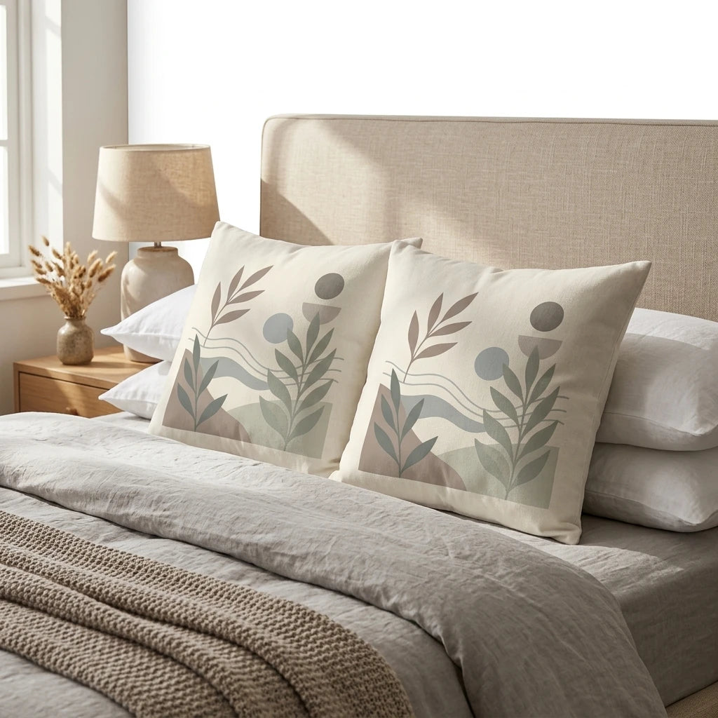Two decorative cushions with abstract botanical designs in earthy sage and brown tones on a cozy neutral bed in a bright modern bedroom.